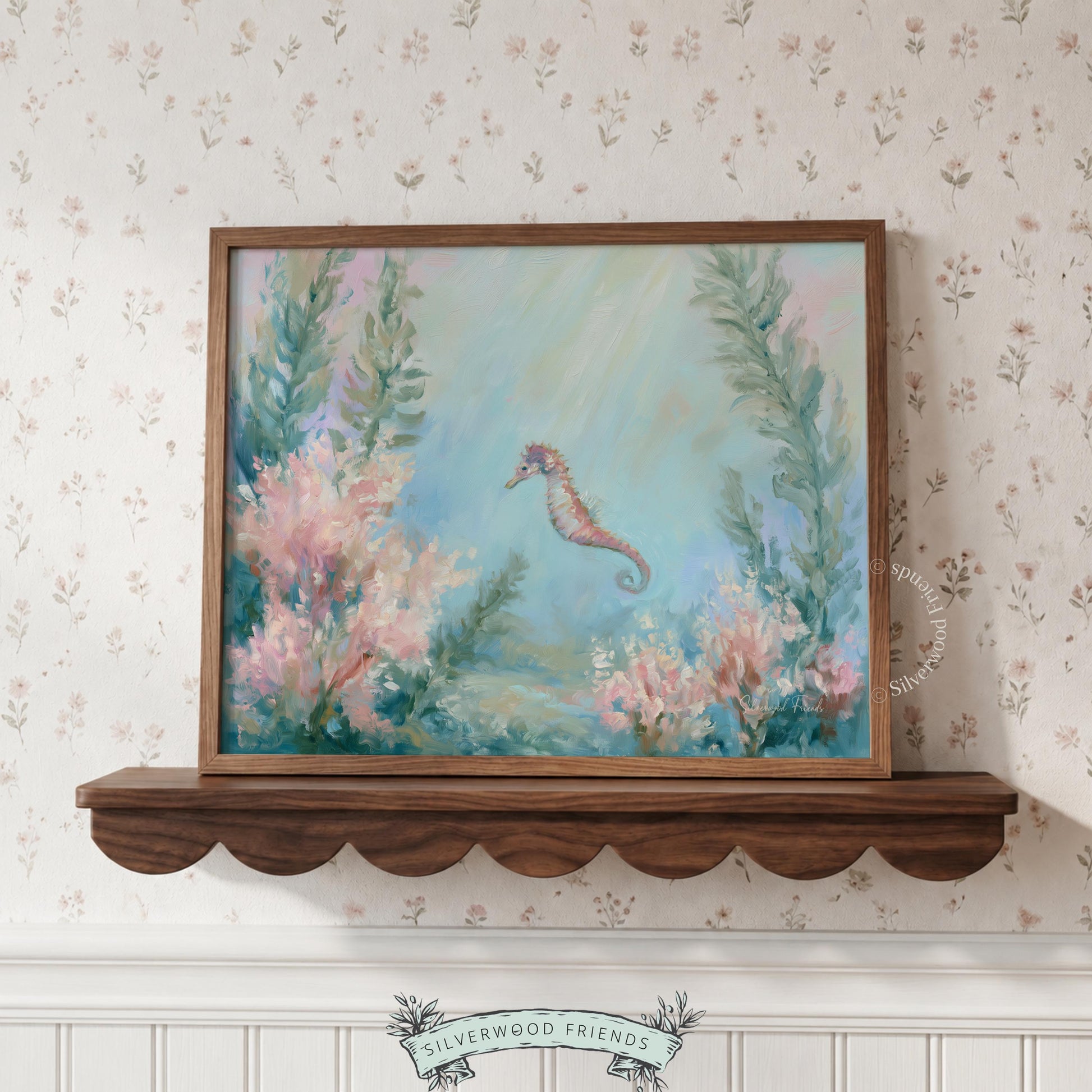 Coastal seahorse artwork for playroom — whimsical sea creature in soft greens and pinks perfect for creating a cheerful environment.