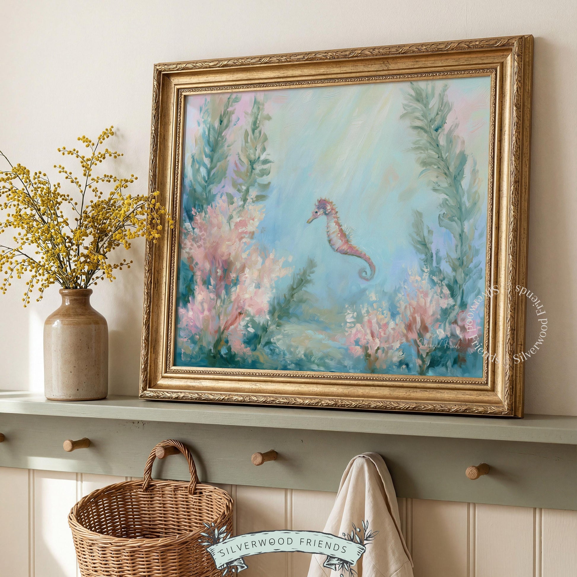 Gentle seahorse wall art for ocean nursery — bright pastel hues blend seamlessly for a serene and inviting atmosphere.