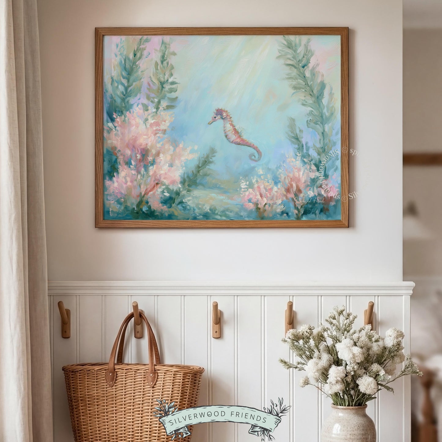 Peaceful seahorse printable wall art for nursery — flowing kelp surrounds soft watercolor hues for an adorable decor piece.