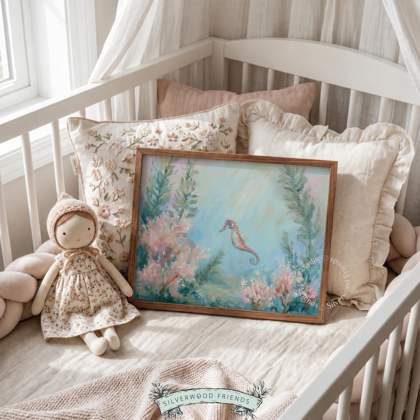 Nautical seahorse poster for bathroom wall — calming sea-green tones and feminine coral accents create a tranquil setting.