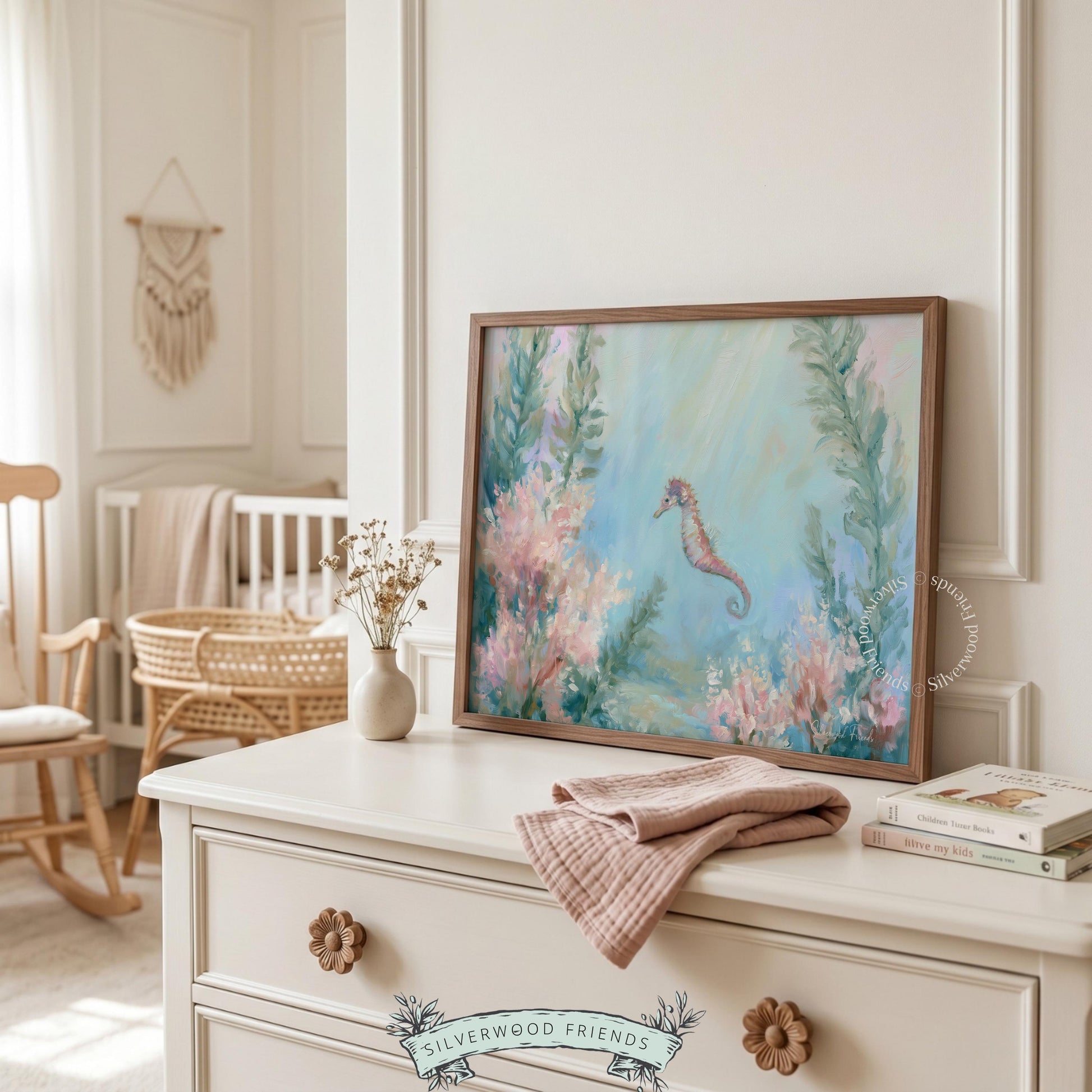 Soothing seahorse watercolor print for children's room — fluid lines and pastel colors bring the ocean’s tranquility indoors.