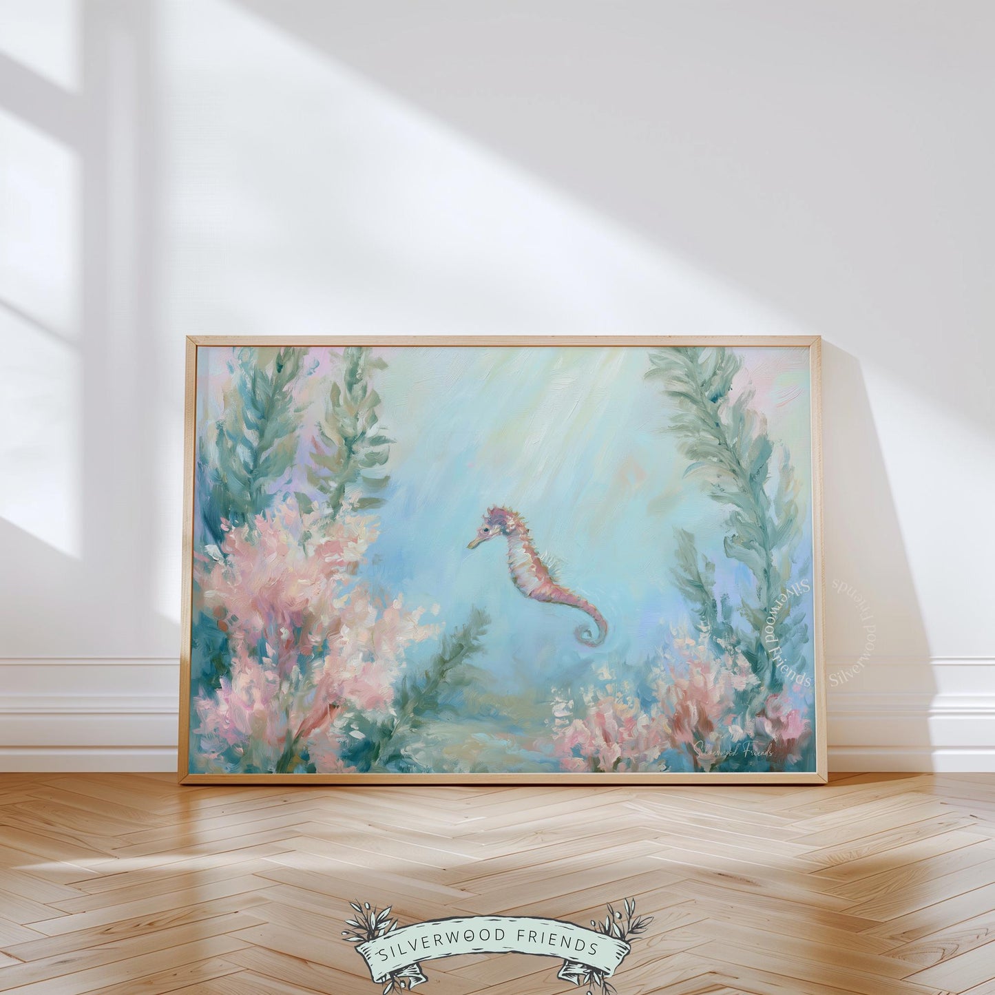 Serene seahorse digital artwork for kids' room — soothing aqua and blush colors create a calming coastal atmosphere.