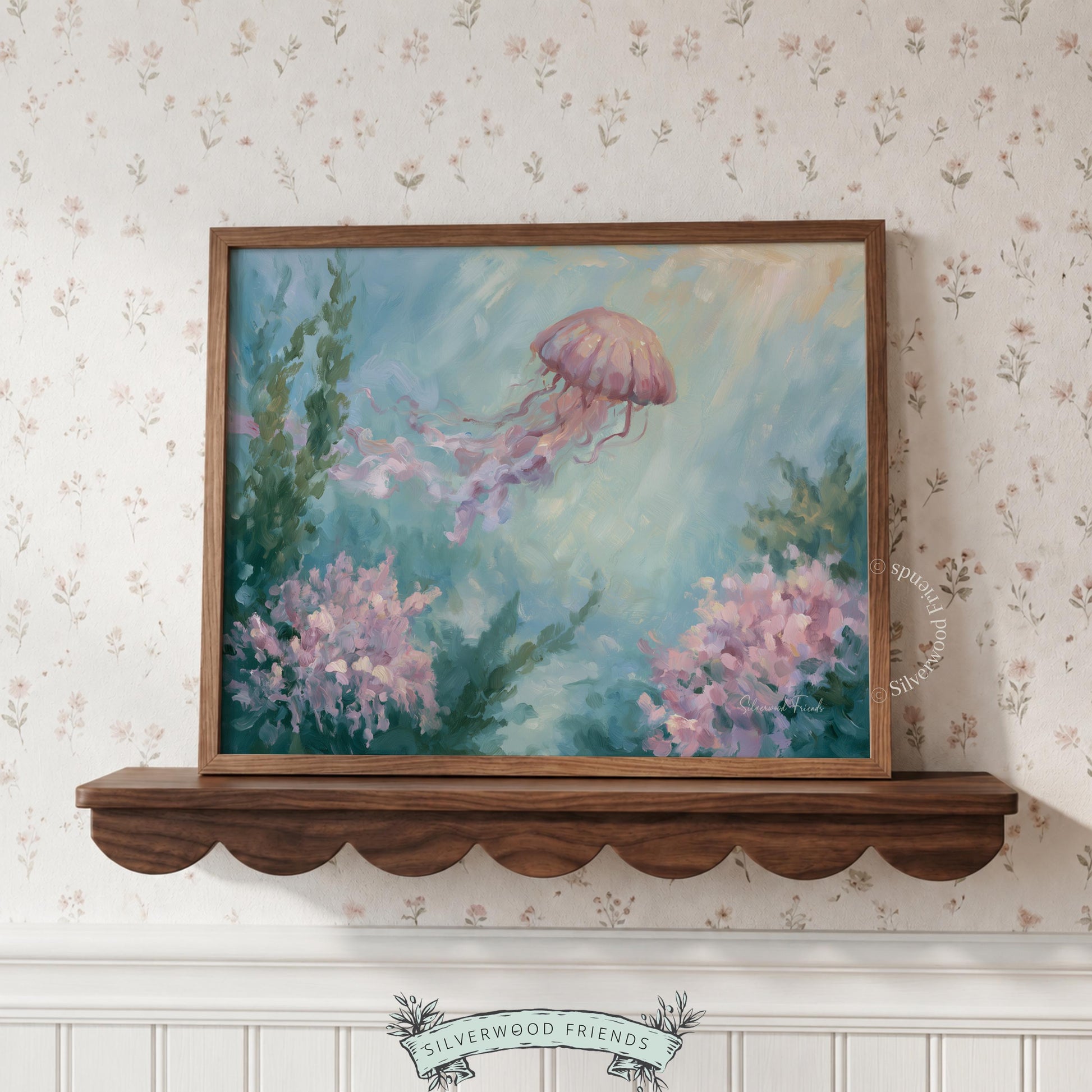 Tranquil jellyfish digital print for living space — soft blending and pastel colors create a serene coastal theme enhancing relaxation.