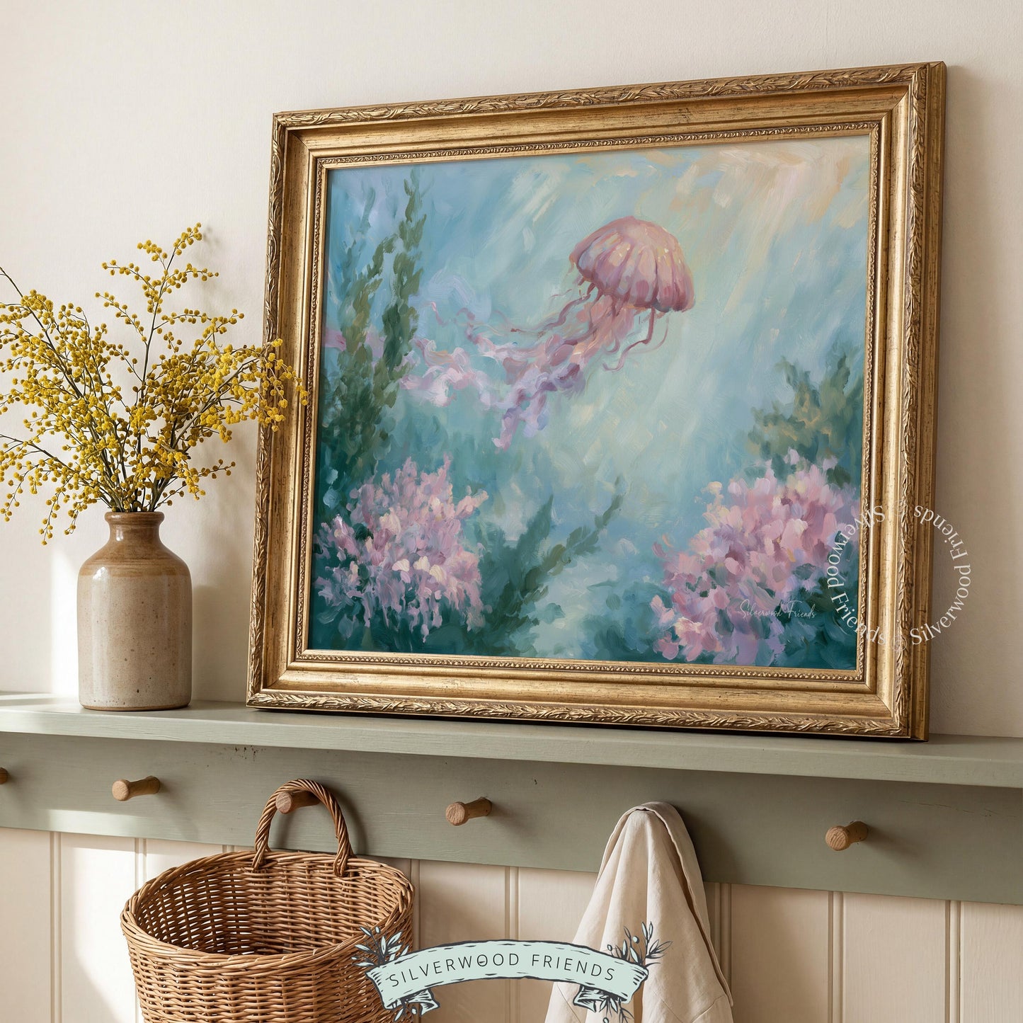 Ethereal jellyfish wall art for kids' play area — calming hues and gentle brushwork make it perfect for nurturing creativity.