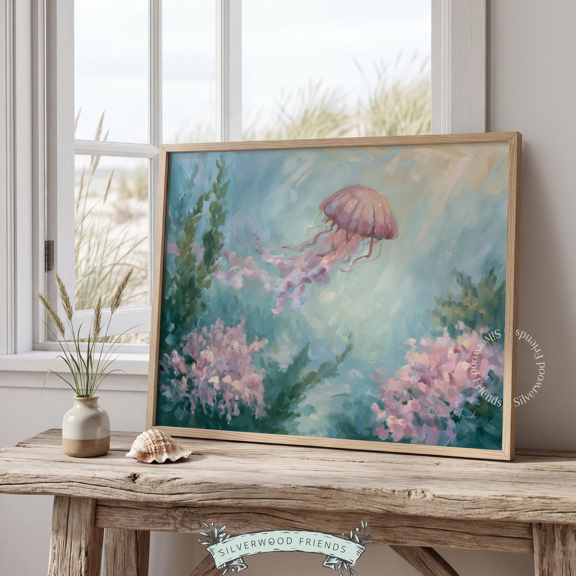 Serene jellyfish digital print for beach house — painterly style with gentle light and flowing kelp in tranquil coastal colors.