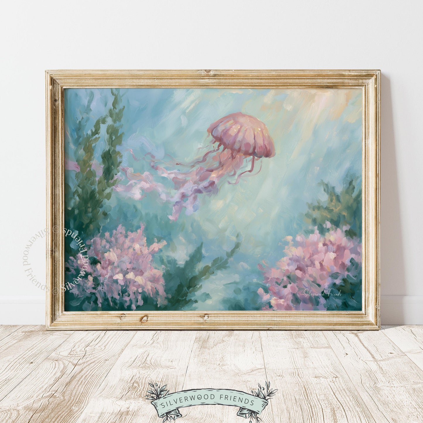 Beautiful jellyfish wall decor for guest room — calming coastal painting with gentle light enhances relaxation and tranquility.
