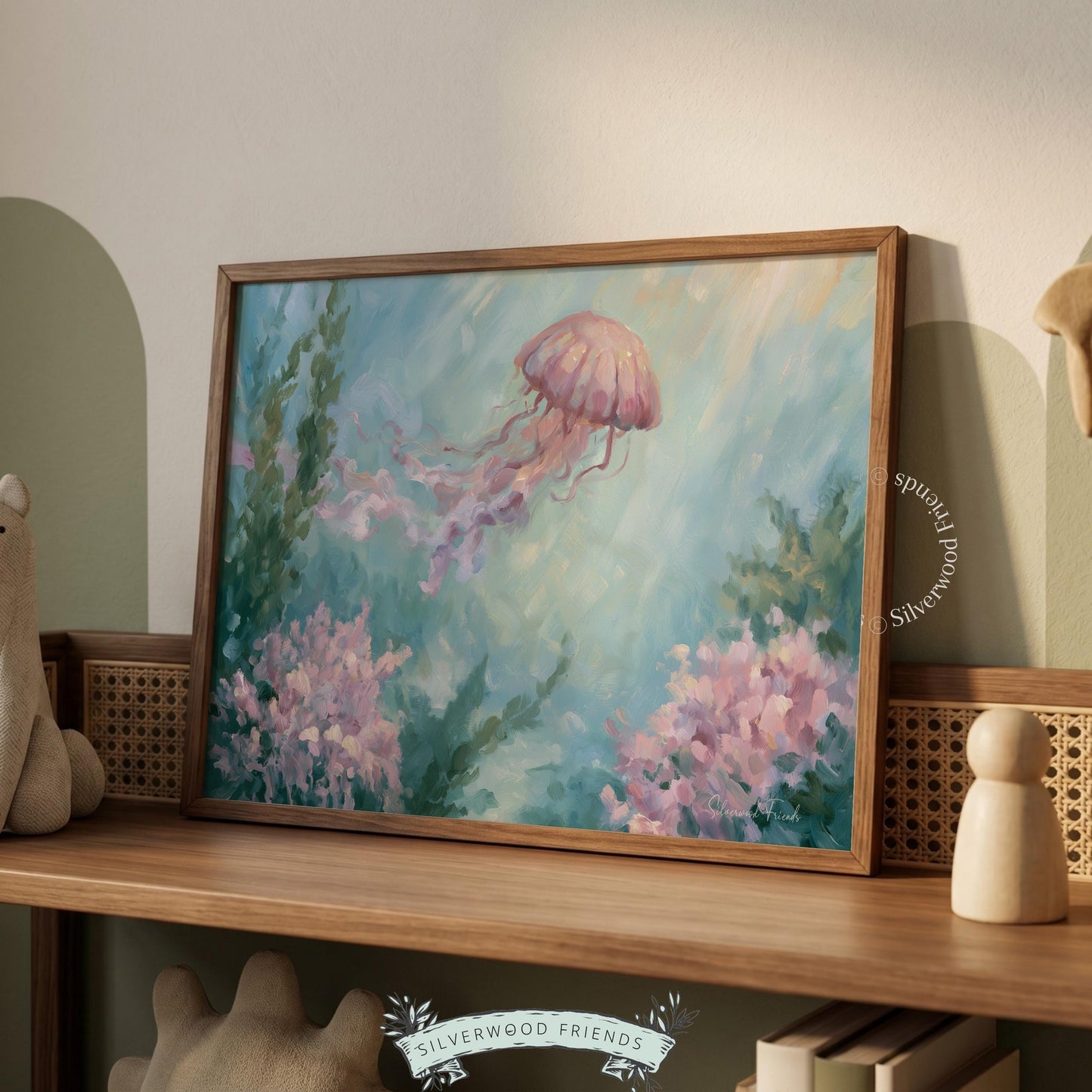 Pink jellyfish wall art for nursery — calming underwater scene with soft aqua and blush pink hues, perfect for a serene atmosphere.