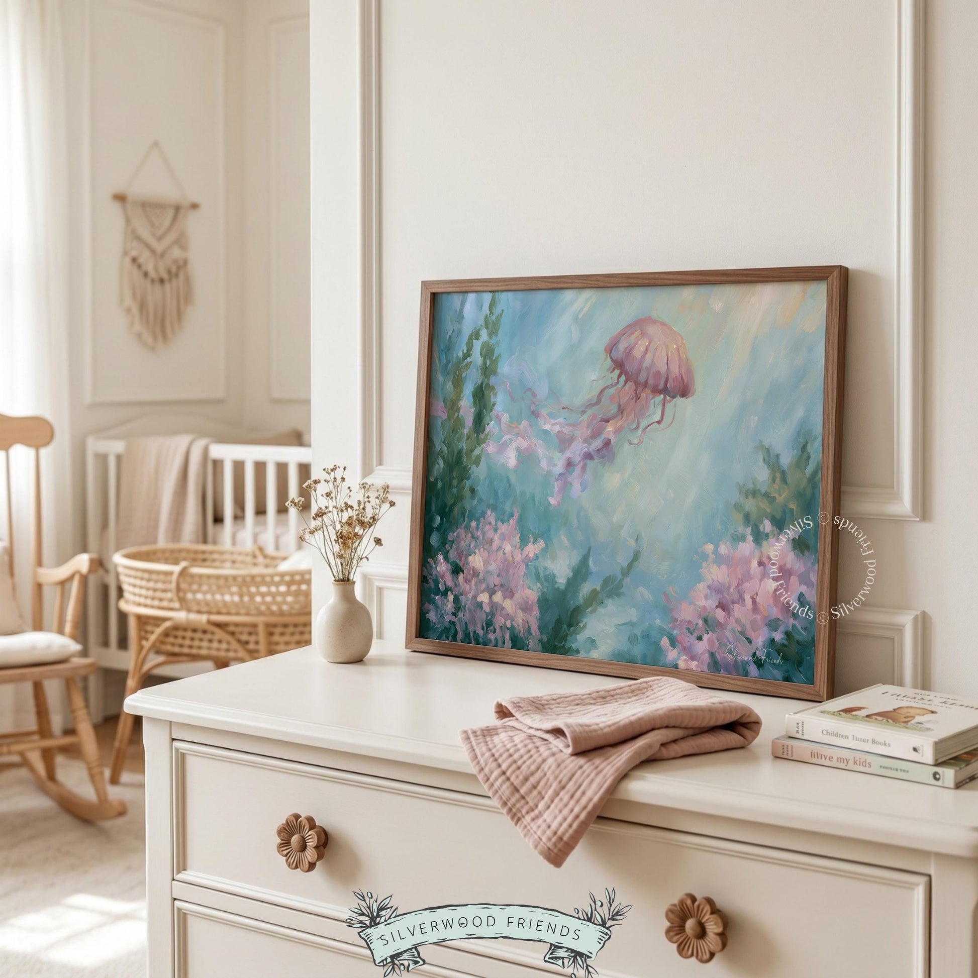 Serene jellyfish painting for coastal nursery — painterly style with soft pastels adds a tranquil vibe to child’s environment.