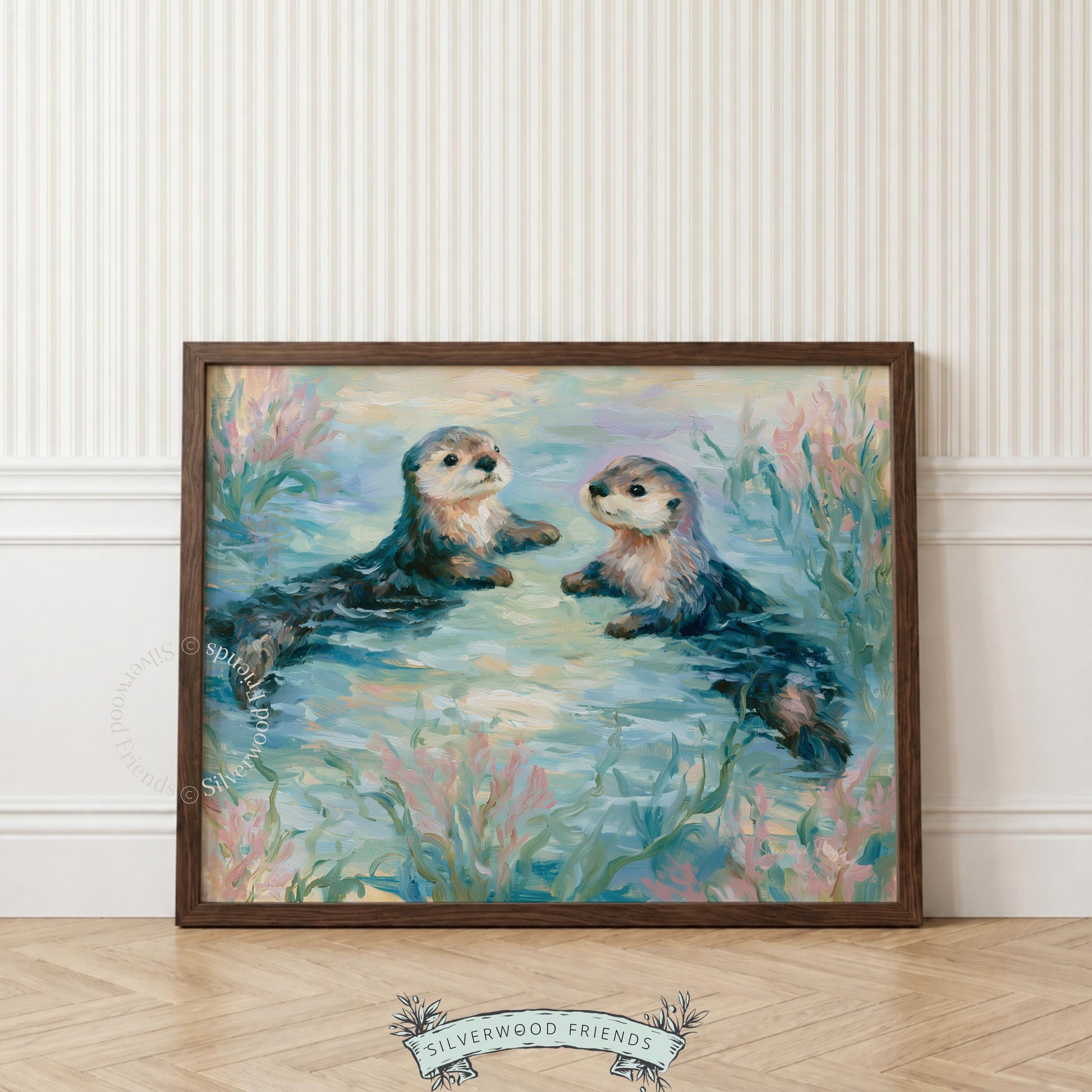 Cute sea otters wall art for children’s bedroom — soft colors and playful design capture a calm, coastal vibe.