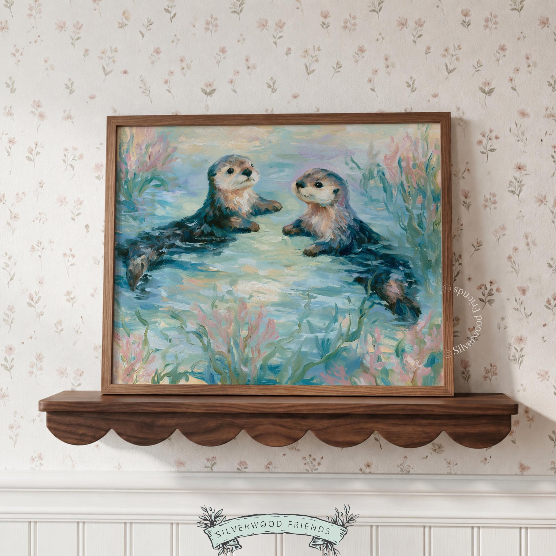 Floating sea otters picture for beach house decor — captures the whimsical beauty of coastal life in soft shades.