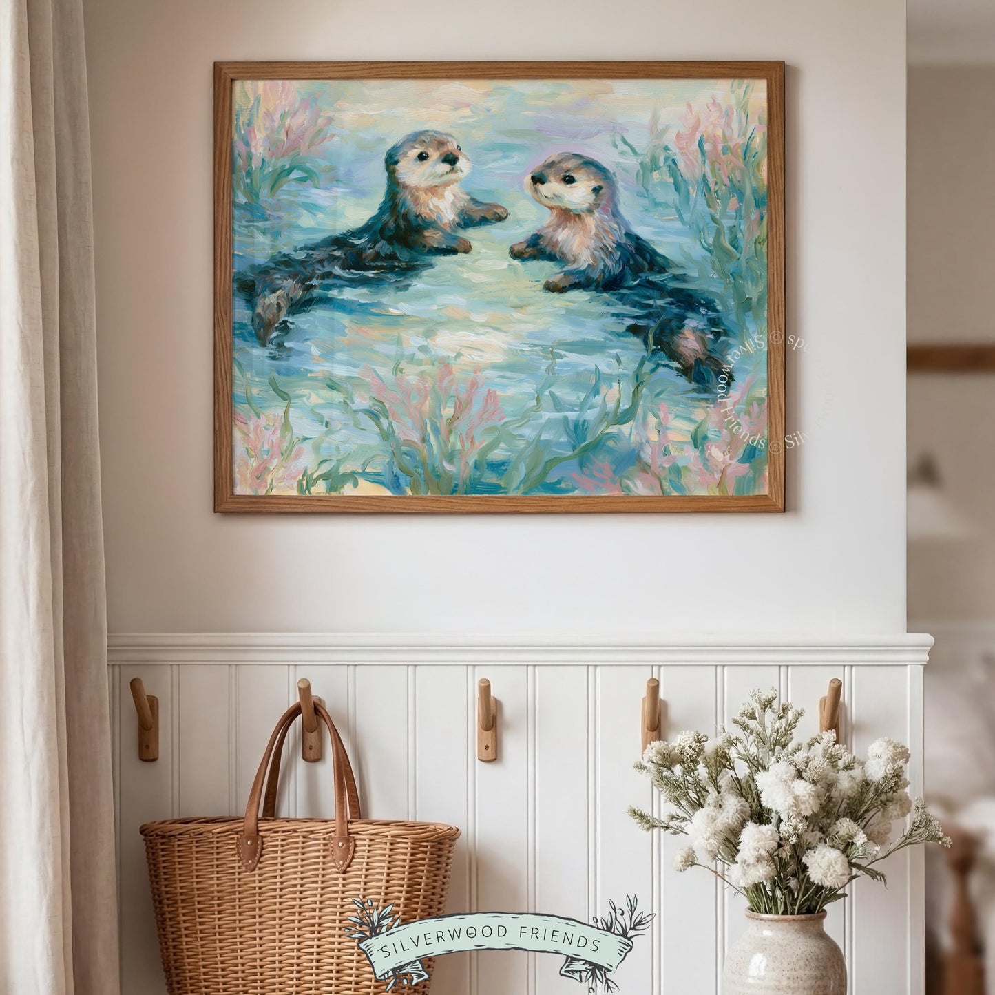 Two adorable otters wall art for toddler spaces — brings soft coastal charm and whimsy into your child’s environment.