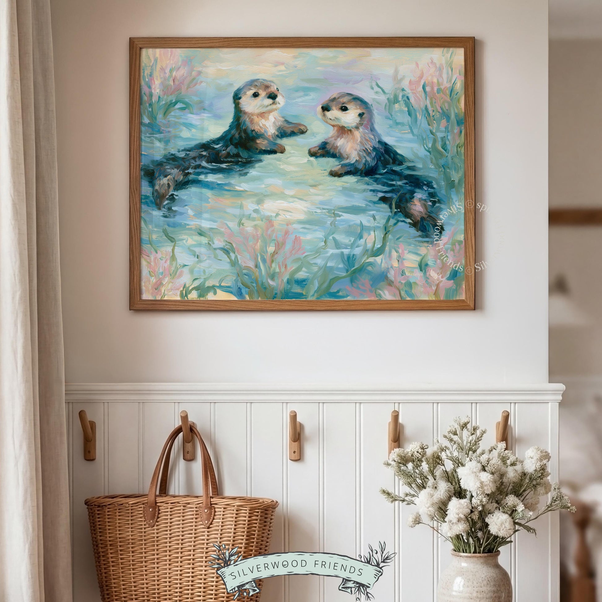 Two adorable otters wall art for toddler spaces — brings soft coastal charm and whimsy into your child’s environment.