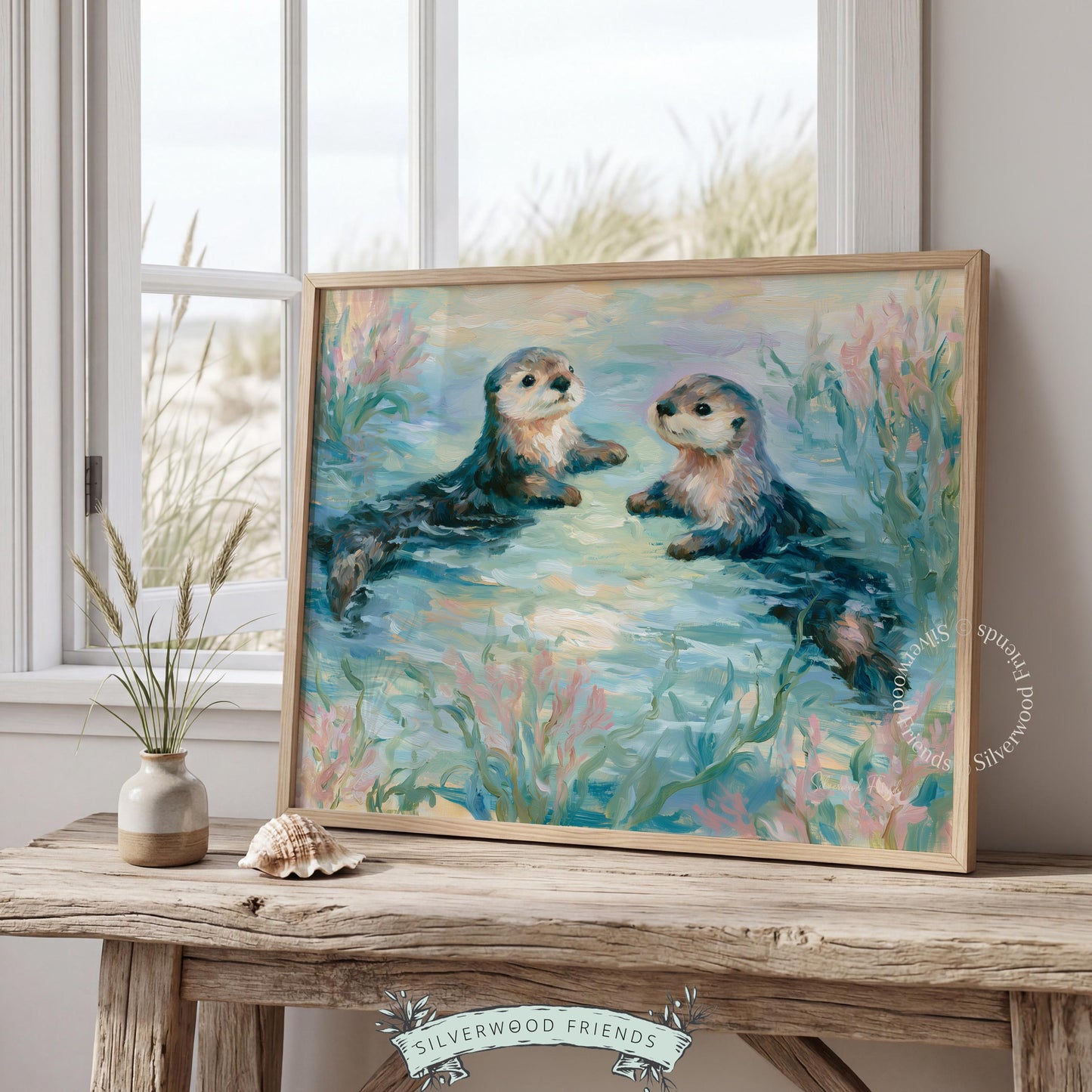 Sea otters printable art for children’s room — delightful coastal imagery blends soft watercolor hues for a dreamy feel.