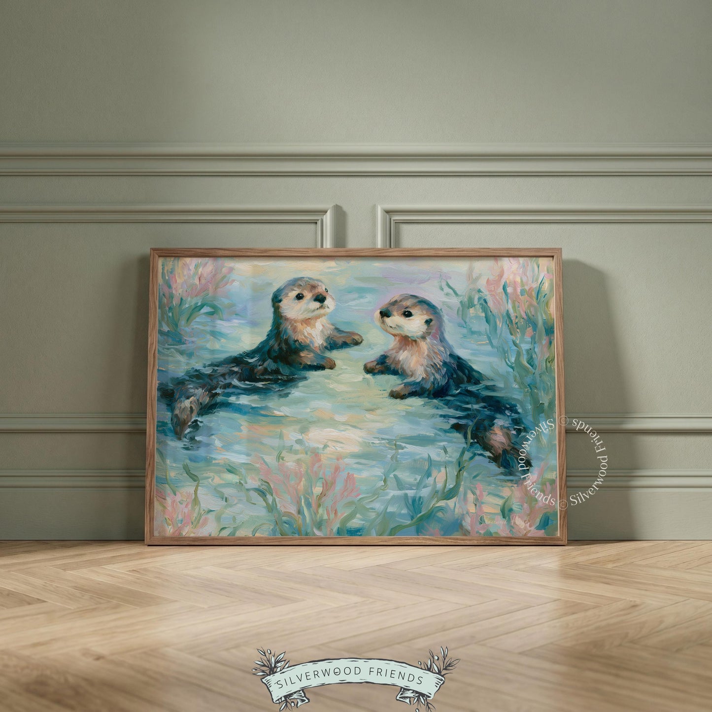 Idyllic otters digital print for nursery — soft, serene depiction of sea life enhances a playful, coastal atmosphere for kids.