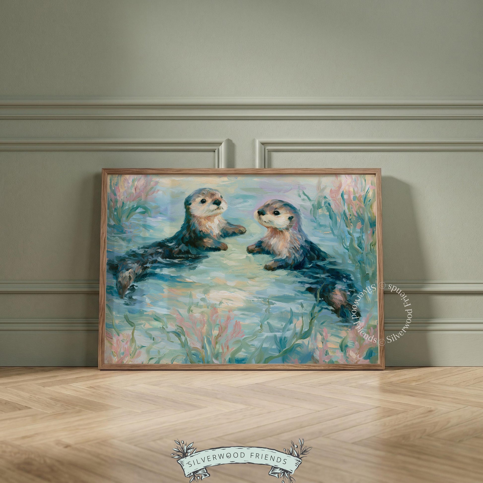 Idyllic otters digital print for nursery — soft, serene depiction of sea life enhances a playful, coastal atmosphere for kids.