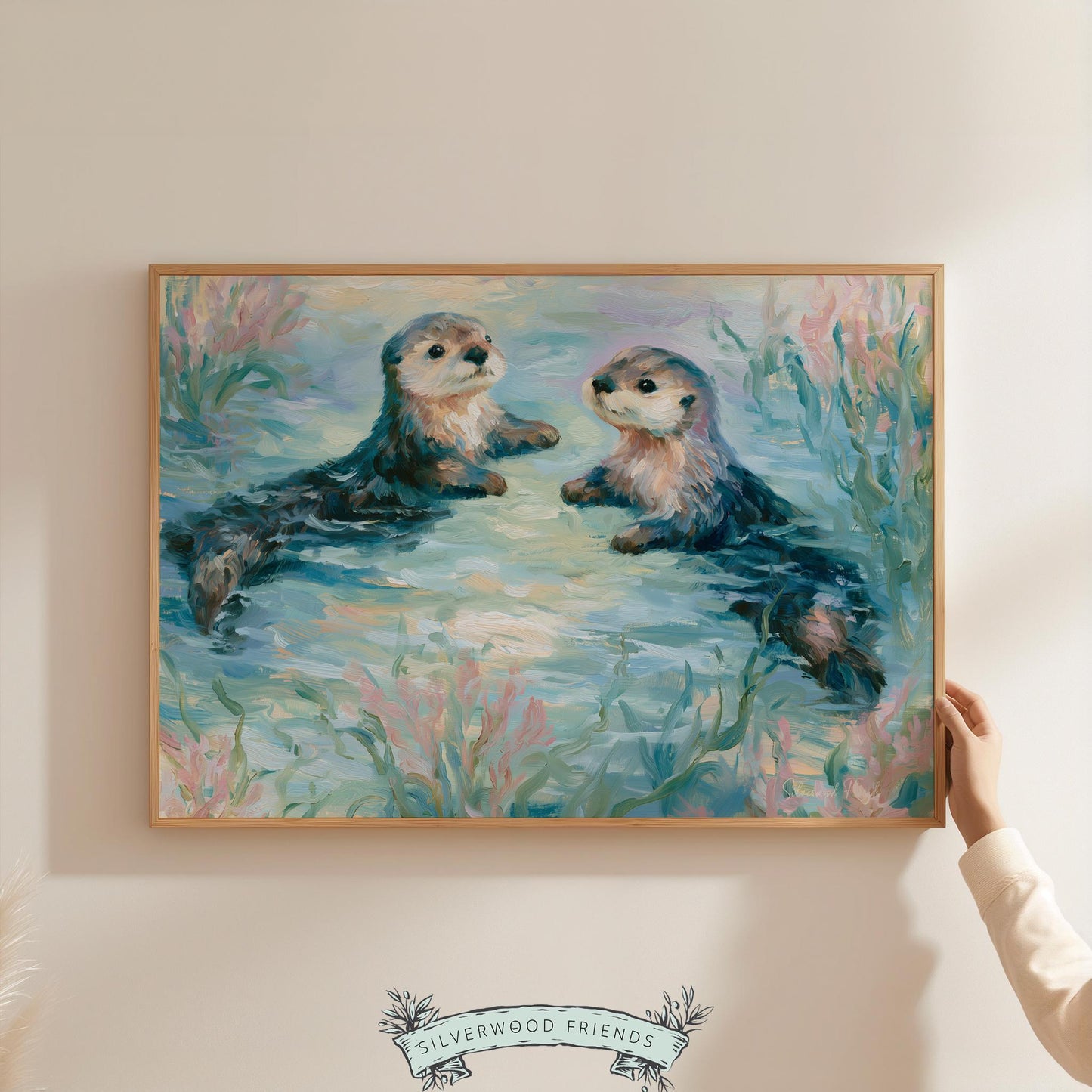 Two playful sea otters art print for nursery — whimsical pastel tones create a serene underwater theme for kids' spaces.