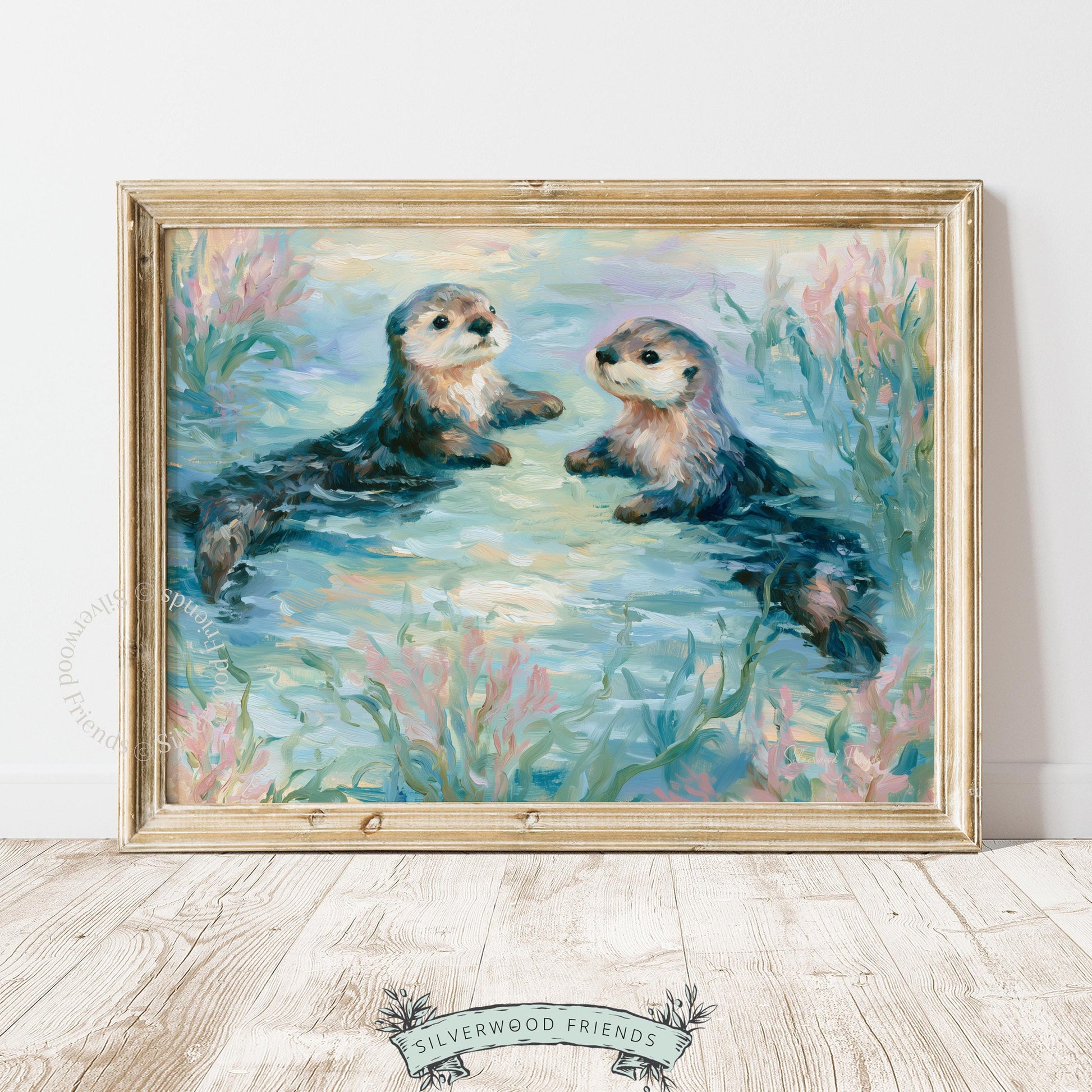 Adorable otters floating printable wall art for kids' corners — watercolor-style captures a delightful seaside scene.