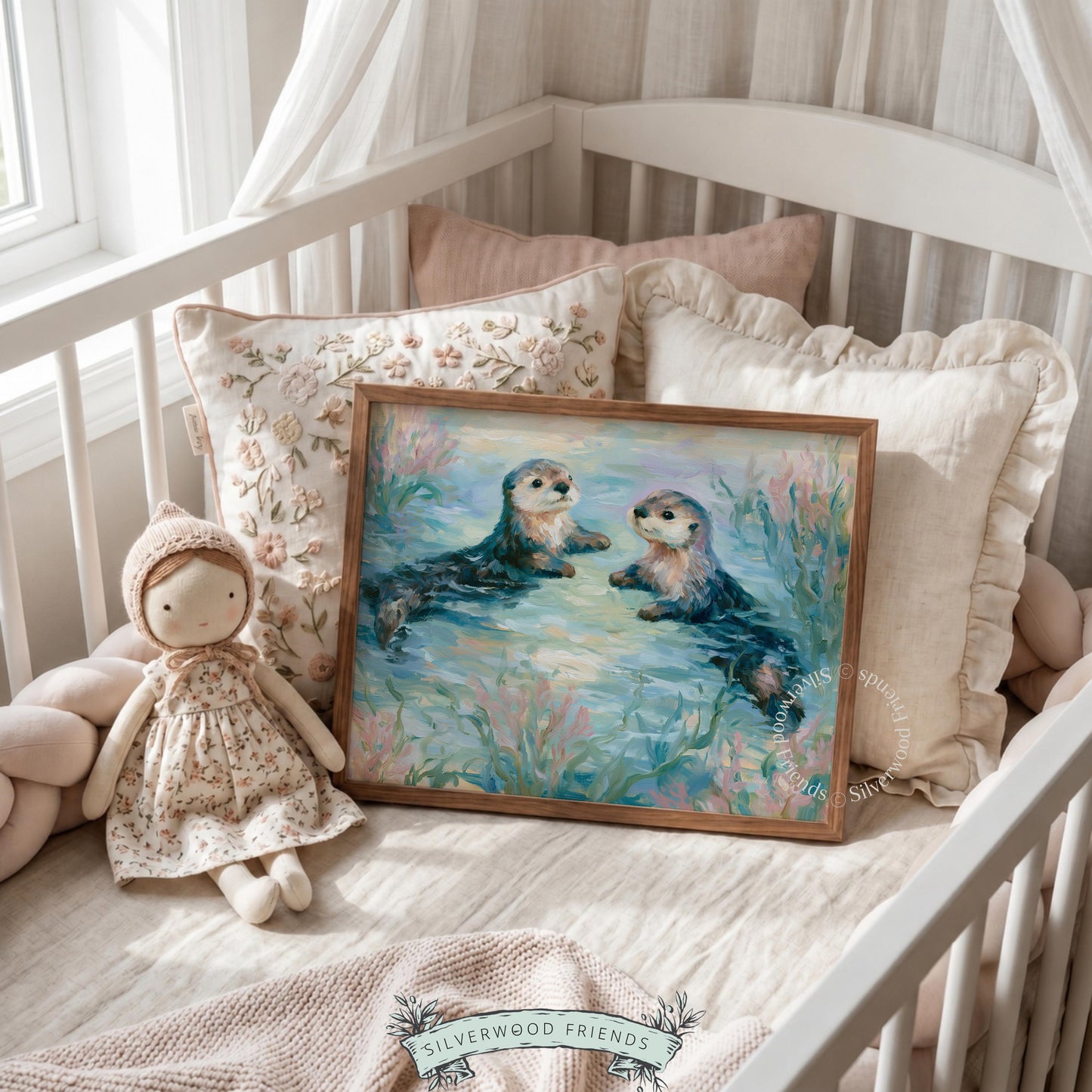 Lively floating otters wall art for kids' play area — playful and serene, showcasing vibrant marine tones in gentle strokes.