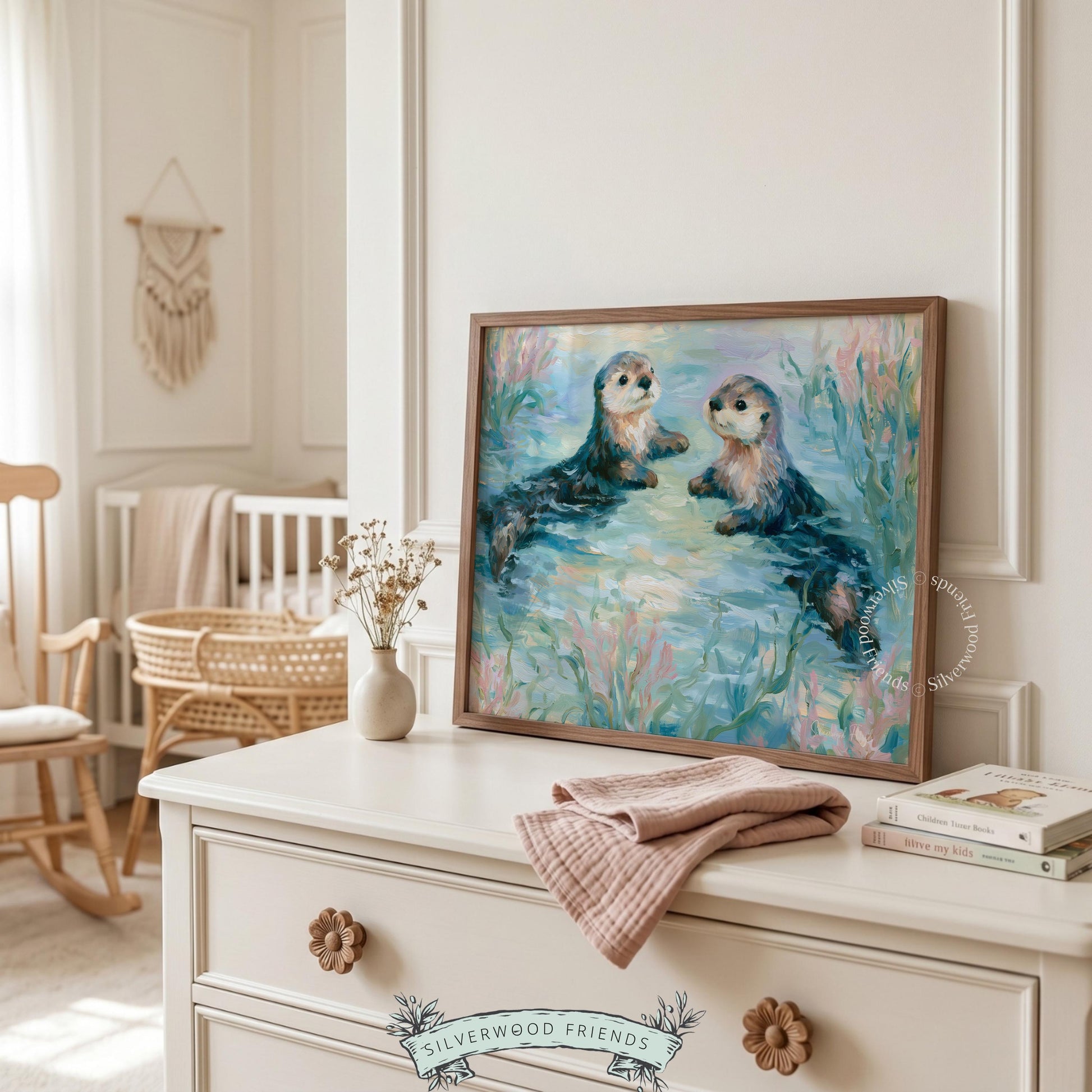 Pastel sea otters printable wall art for kids’ decor — playful design features soft colors, perfect for a serene atmosphere.