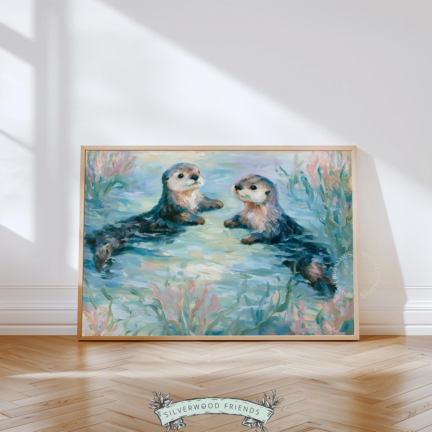 Playful sea otters art for baby room — warms a child’s space with soft, pastel brushes and a flirtatious underwater theme.