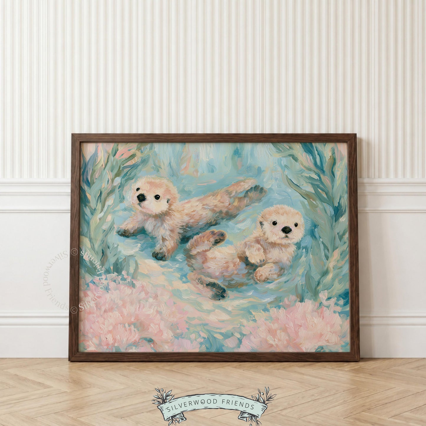 Ocean otters digital download for boys’ room — a joyful painting featuring endearing otters and aquatic elements in soft tones.