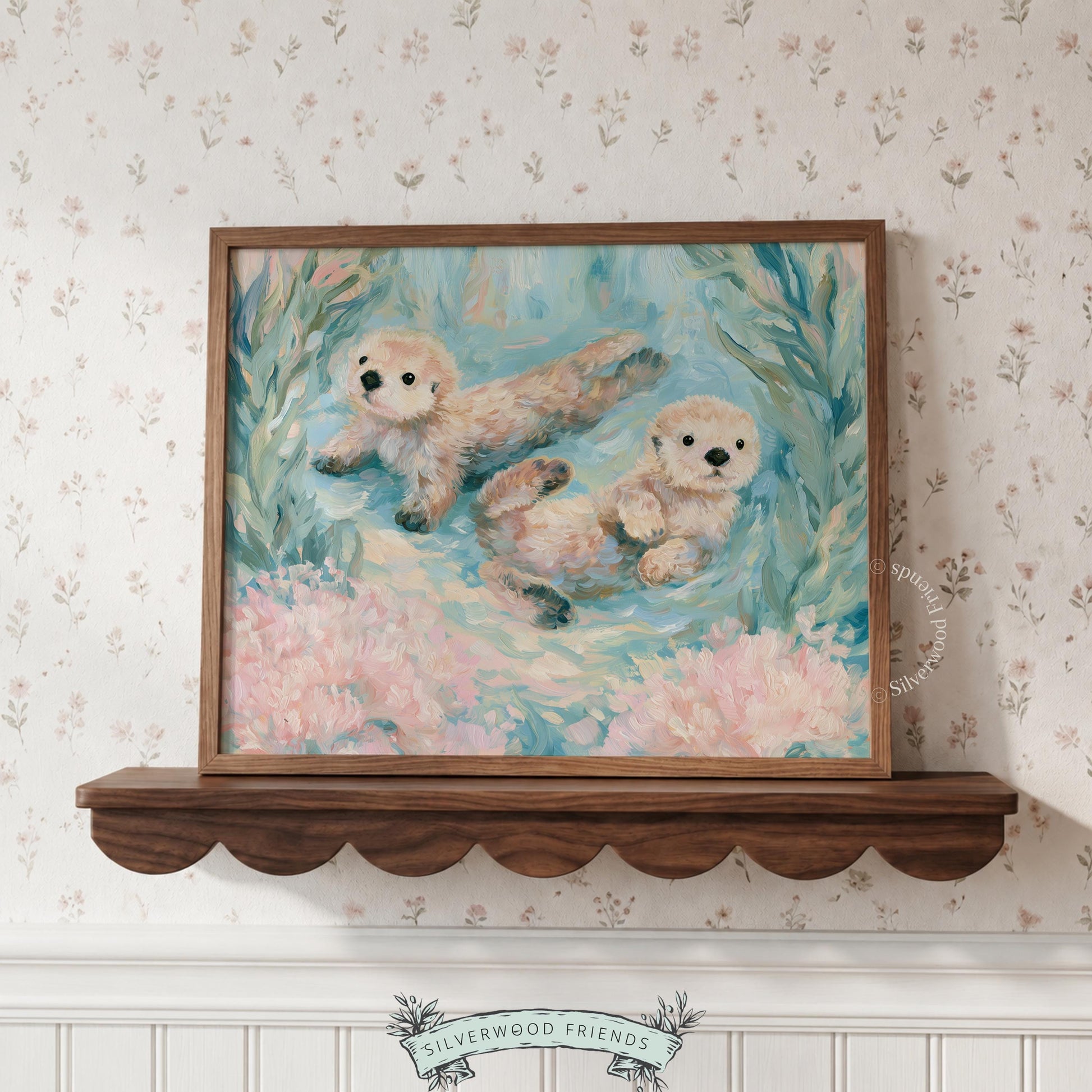 Playful ocean otters artwork for nursery walls — adorable painterly style capturing the magic of the seaside with a soft color palette.