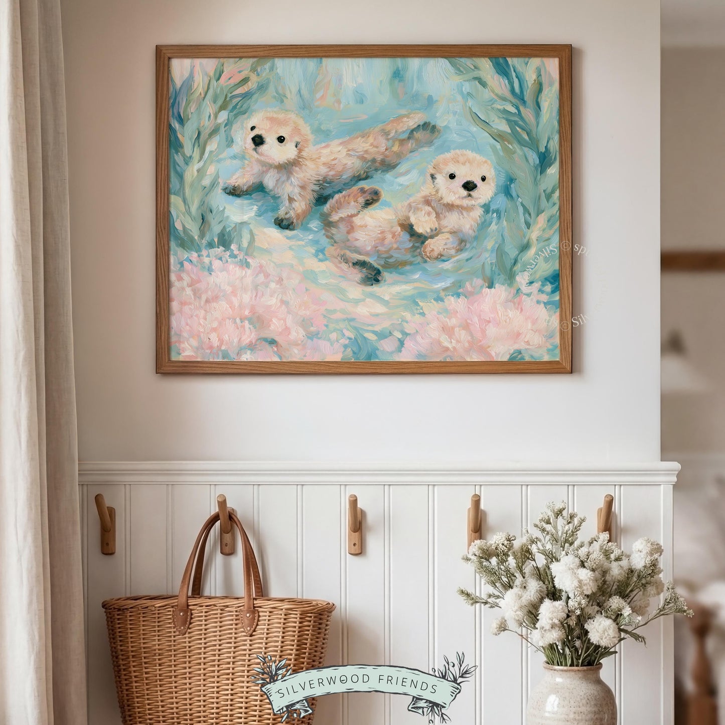 Cute otters printable art for children’s room — cozy ocean scene with green kelp and soft coral accents, perfect for a beach-themed space.