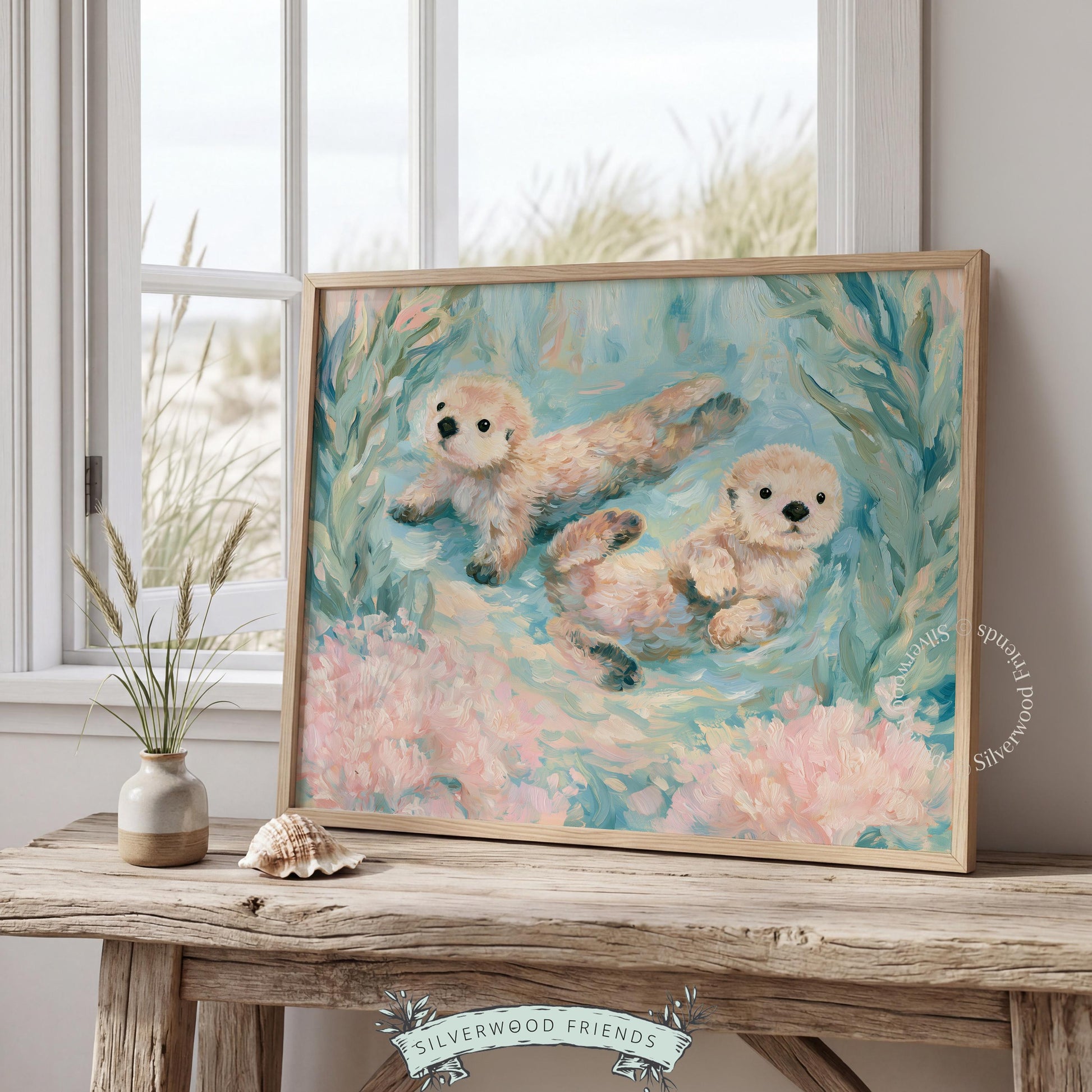 Whimsical otters digital art for nursery — showcasing cheerful illustrations of otters framed by vibrant coral and kelp accents.