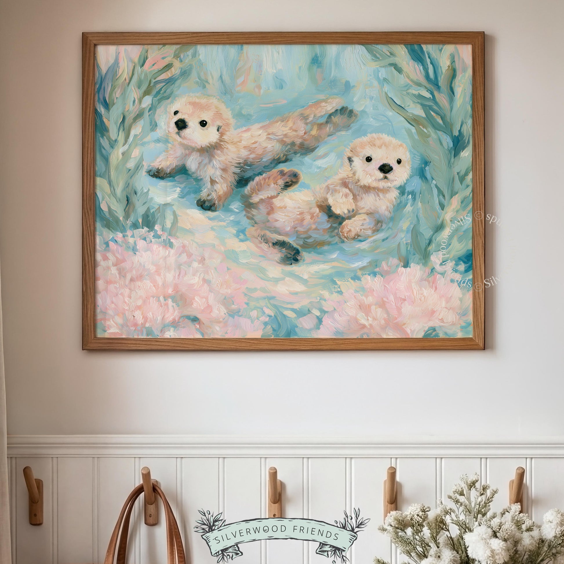 Delightful sea organism wall art for aquatic-themed nursery — featuring playful otters and vibrant underwater details in soft pastels.