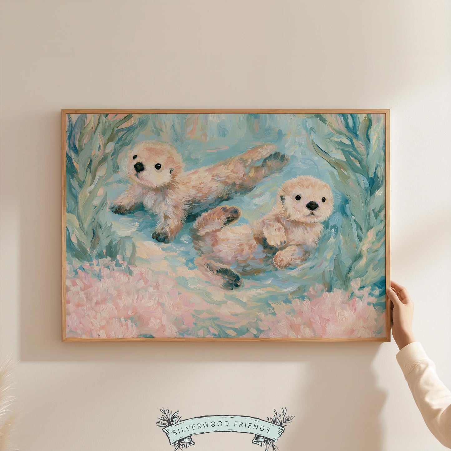Playful otters digital print for nursery decor — soothing pastel hues create a calming ocean vibe, perfect for kids’ rooms.