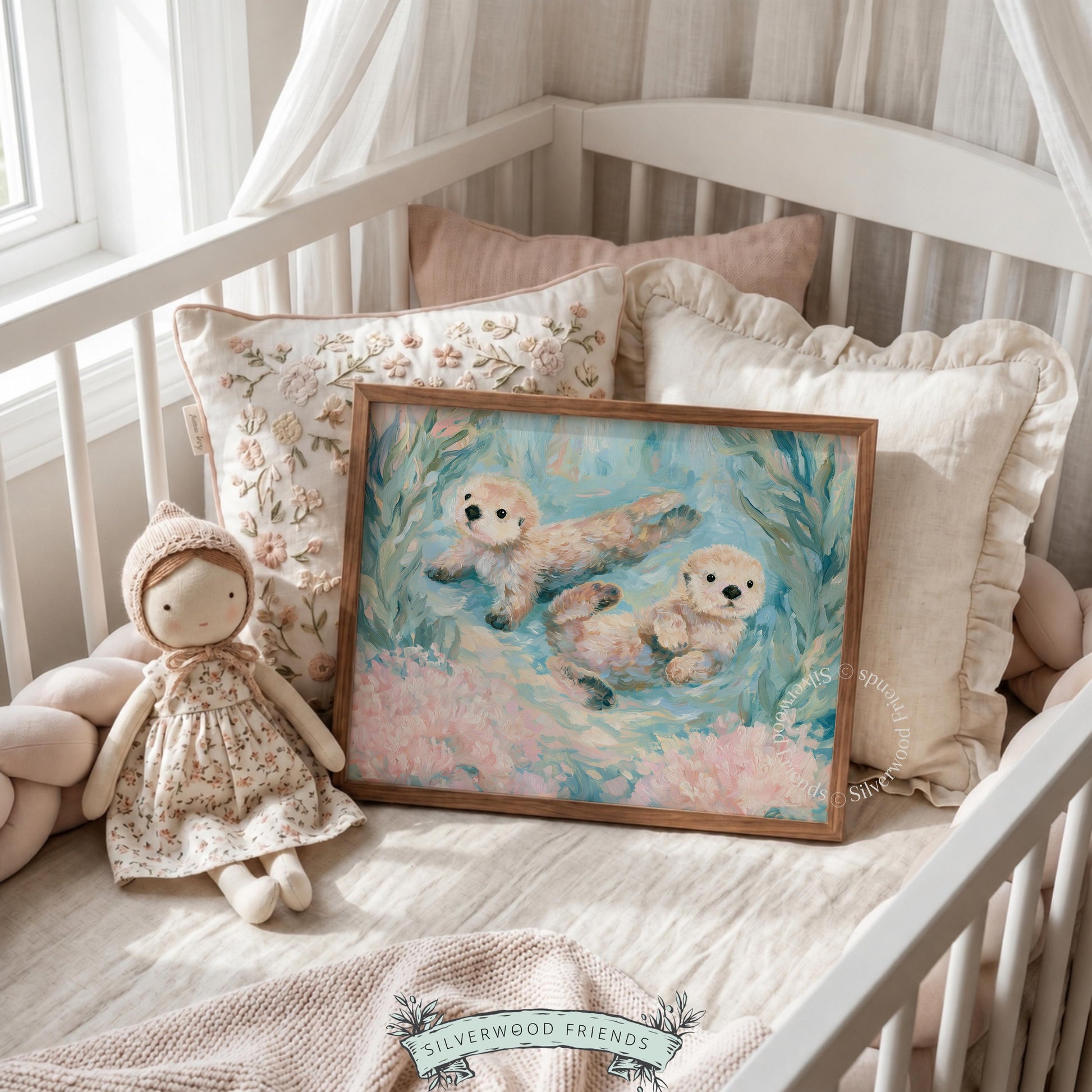Adorable sea otters digital print for playroom — vibrant, painterly style art featuring joyful otters amidst gentle seaside vibes.