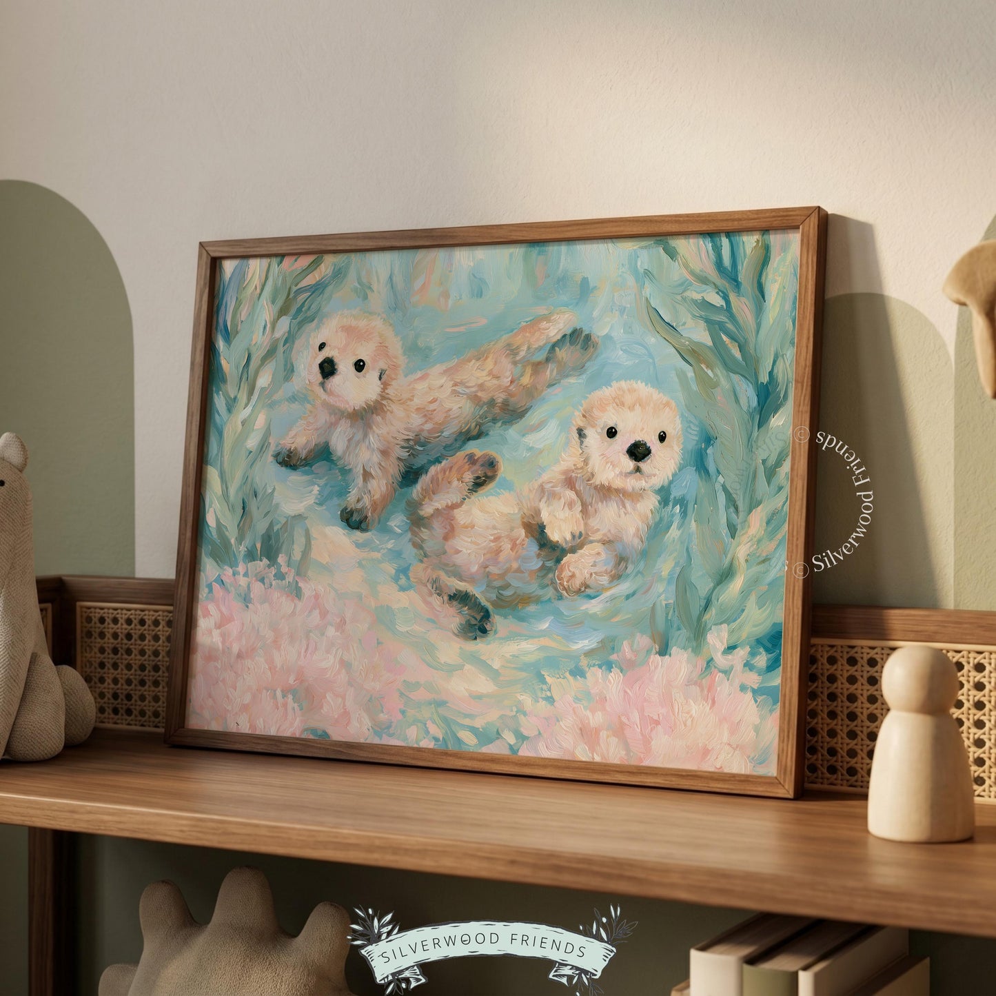 Soft otter wall art for girls' bedroom — gentle hues featuring adorable sea otters, perfect for a serene and inviting children's space.