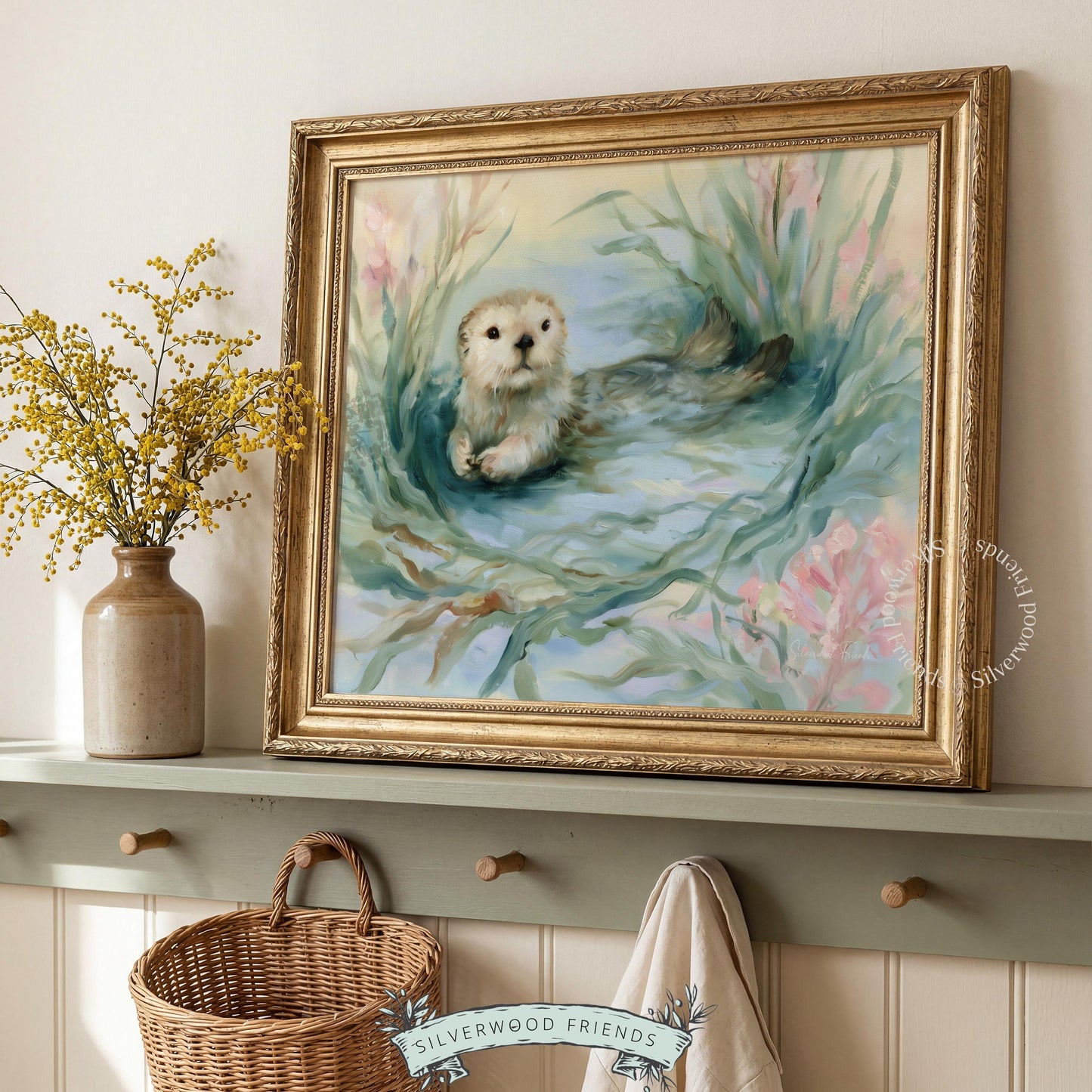 Charming baby otter painting for children's space — delightful underwater scene perfect for a cozy nursery or ocean-themed room.