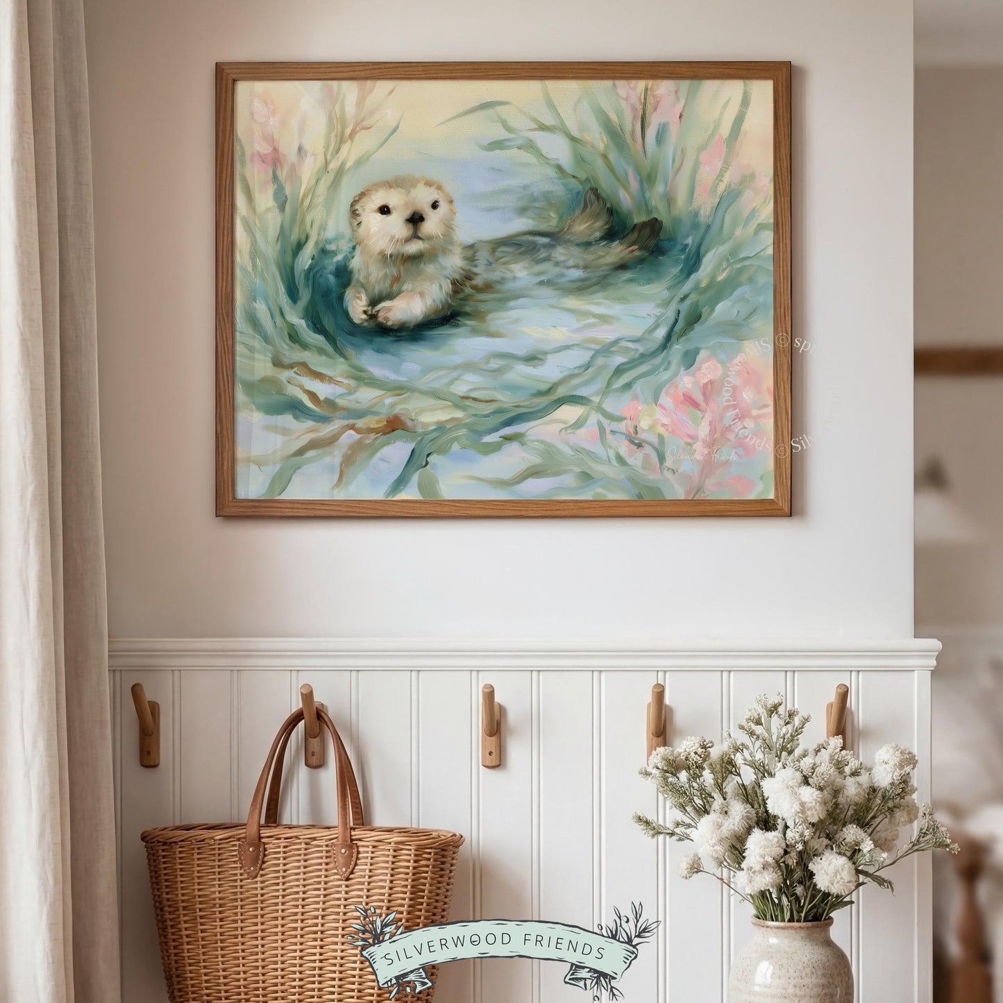 Curious otter art for beach-themed baby room — soothing color palette and gentle details create a relaxing underwater atmosphere.