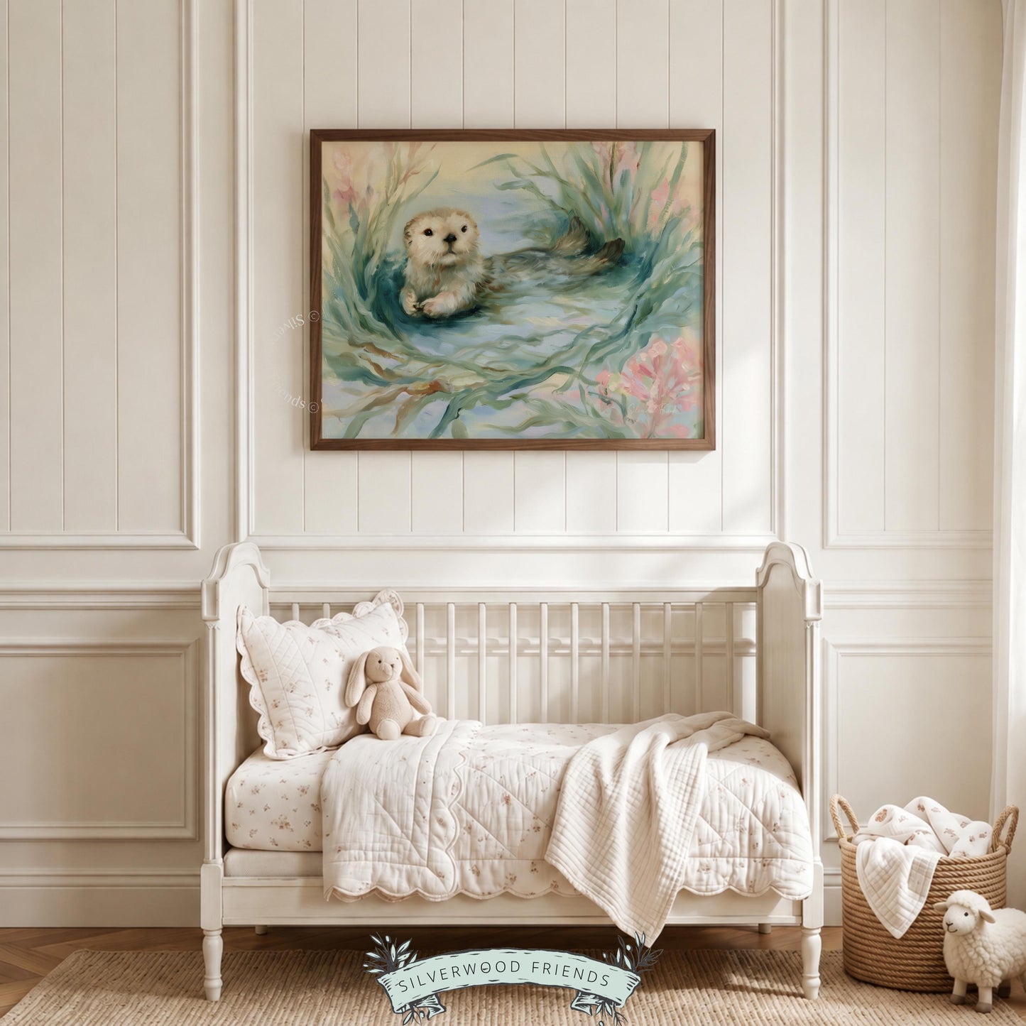 Curious baby sea otter digital art for nursery — gentle watercolor style and pastel hues deliver a soothing aesthetic.