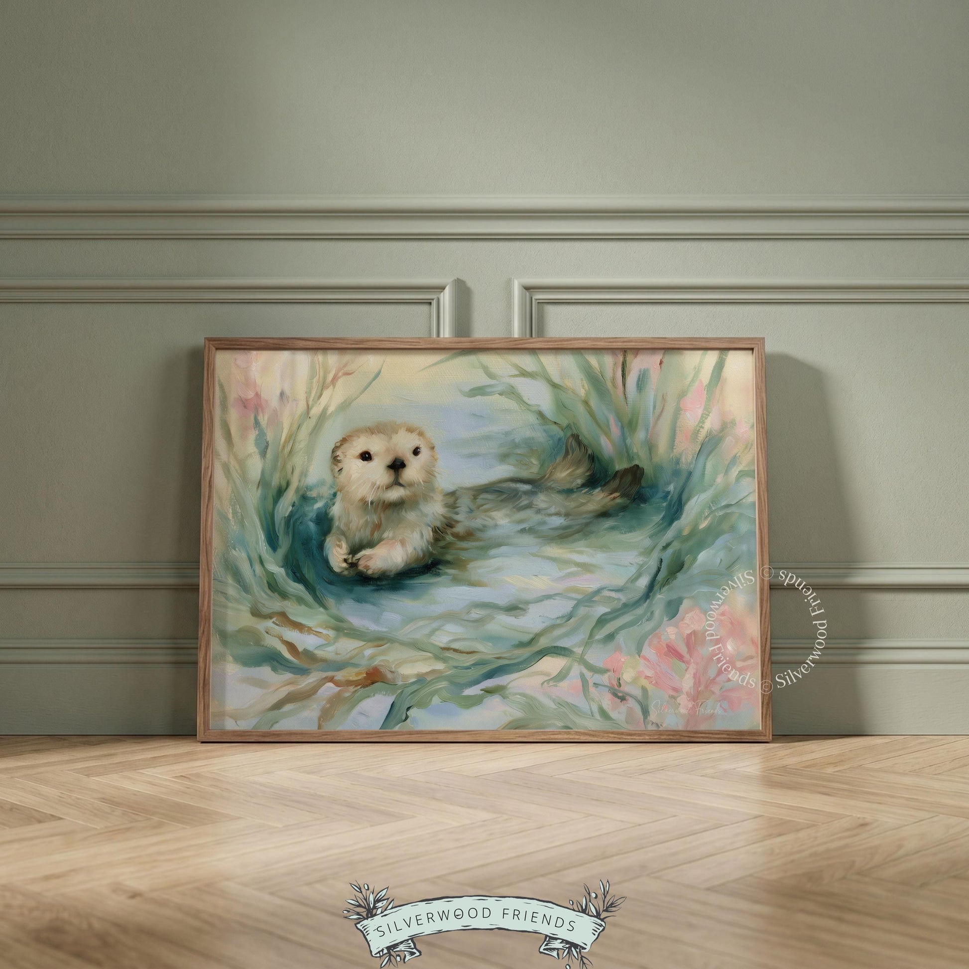 Watercolor baby otter poster for seaside playroom — calming and cute design perfect for enhancing coastal vibes.