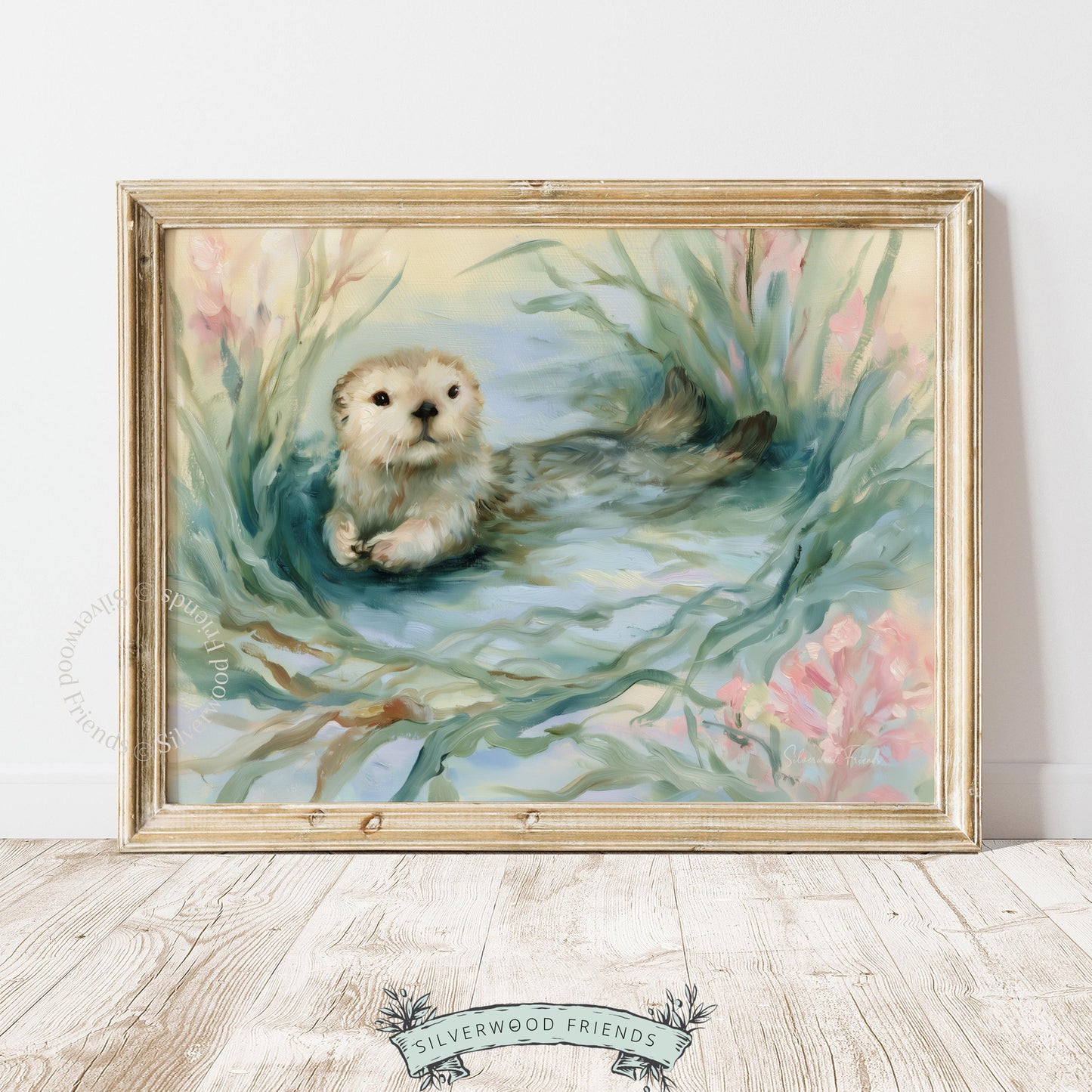 Floating otter print for undersea-themed room — delightful watercolor with soothing colors, great for enhancing cozy baby décor.