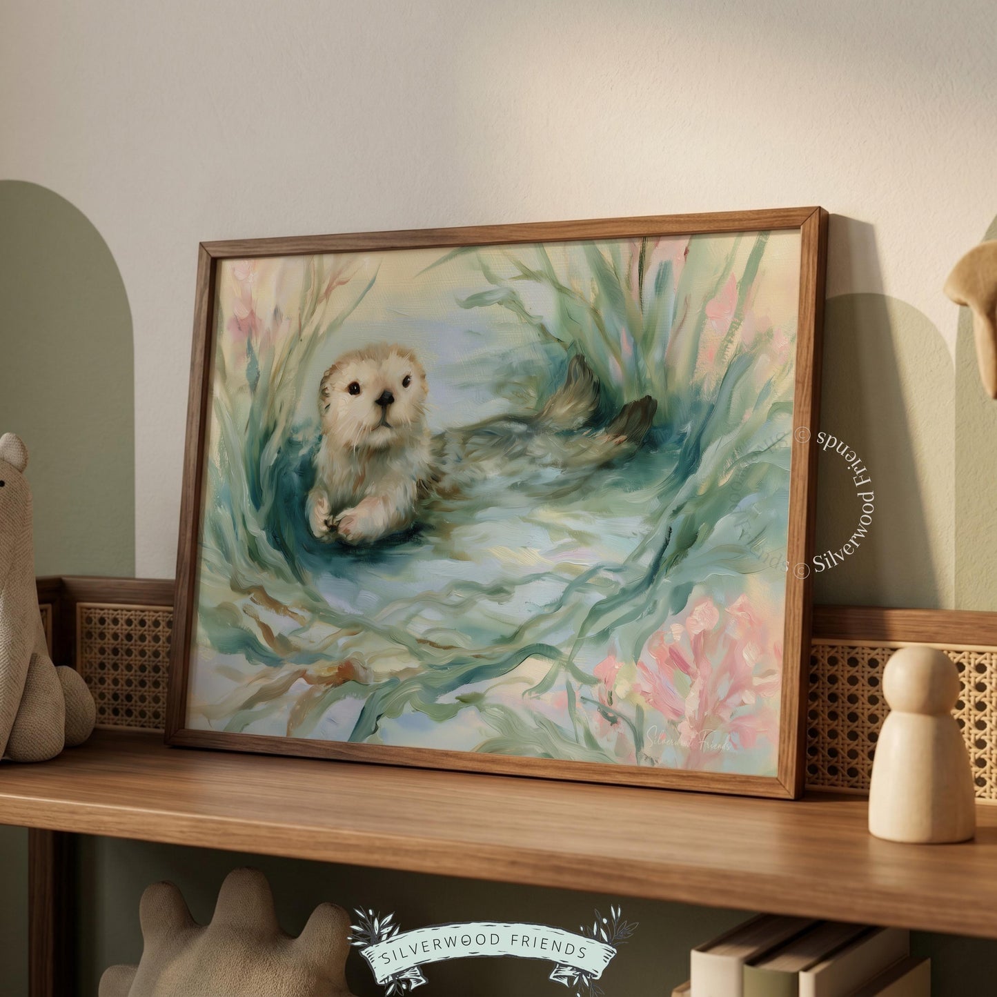 Watercolor otter picture for toddler room — vibrant hues and whimsical style make an enchanting addition to coastal decor.