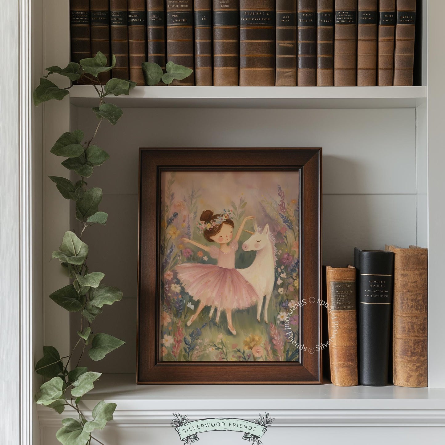 Young ballerina dancing with a unicorn poster for nursery — soft pastel colors and a dreamy fairytale scene with wildflowers.