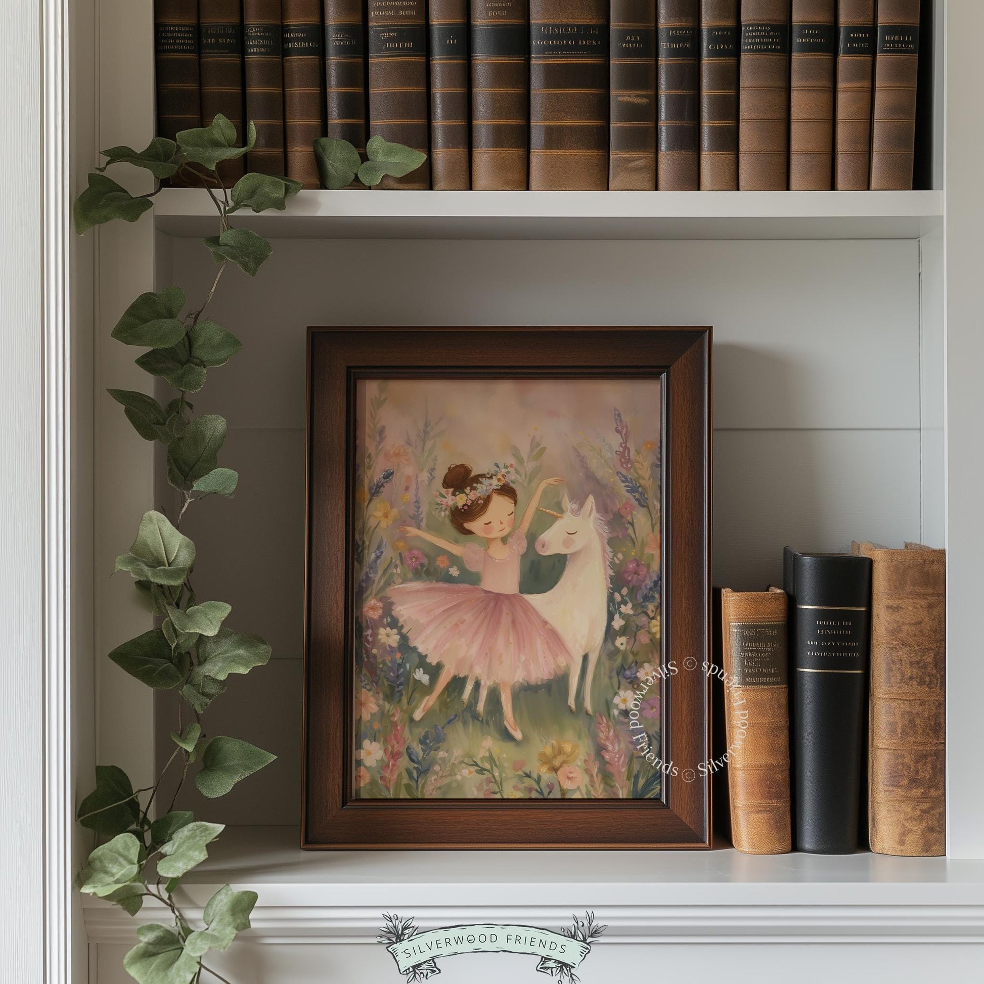 Young ballerina dancing with a unicorn poster for nursery — soft pastel colors and a dreamy fairytale scene with wildflowers.