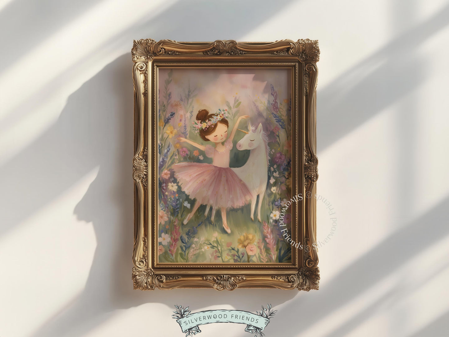 Enchanting ballerina artwork with a unicorn for a nursery — watercolor painting featuring soft shades and a lovely, magical atmosphere.