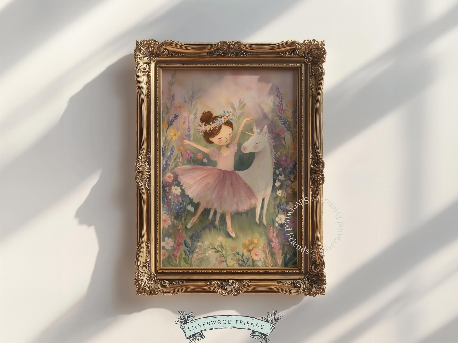Enchanting ballerina artwork with a unicorn for a nursery — watercolor painting featuring soft shades and a lovely, magical atmosphere.