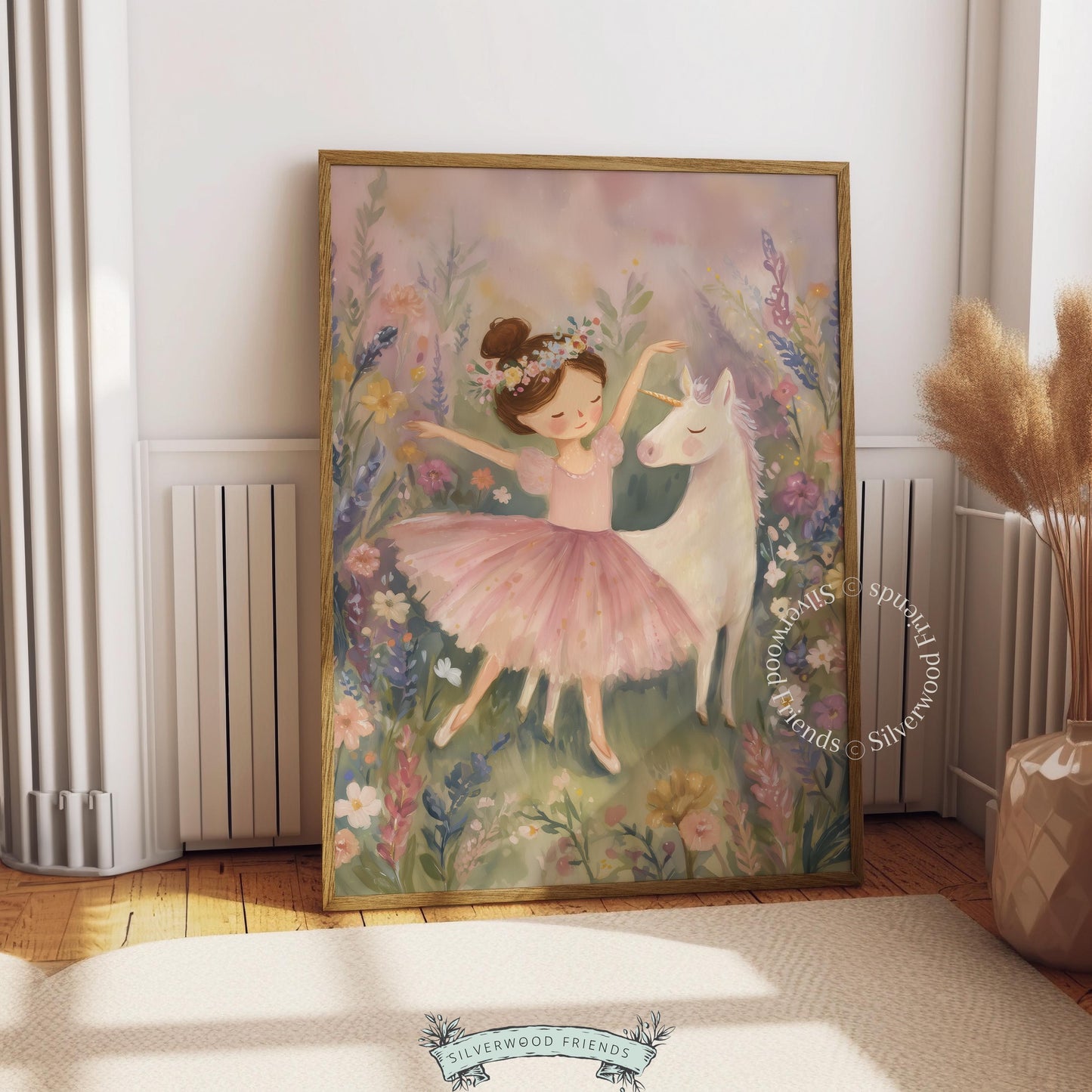 Cute ballerina girl with unicorn wall decor for girl's bedroom — soft, storybook illustration in pastel colors evokes a fairytale vibe.