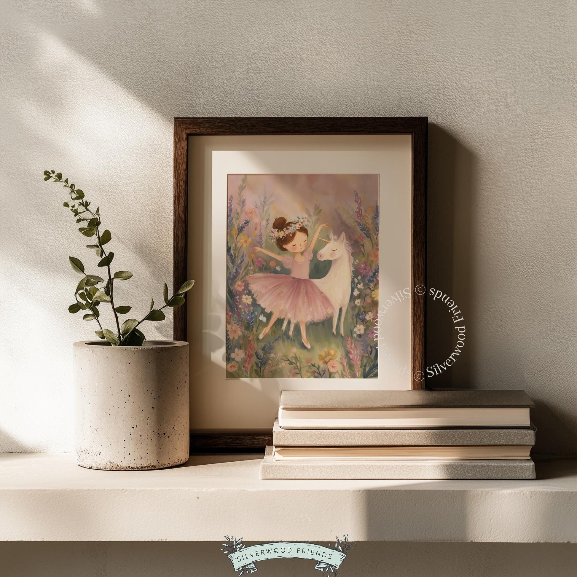 Lovely art of a dancing ballerina and unicorn for a nursery — watercolor style with warm pastels and sweet floral accents.
