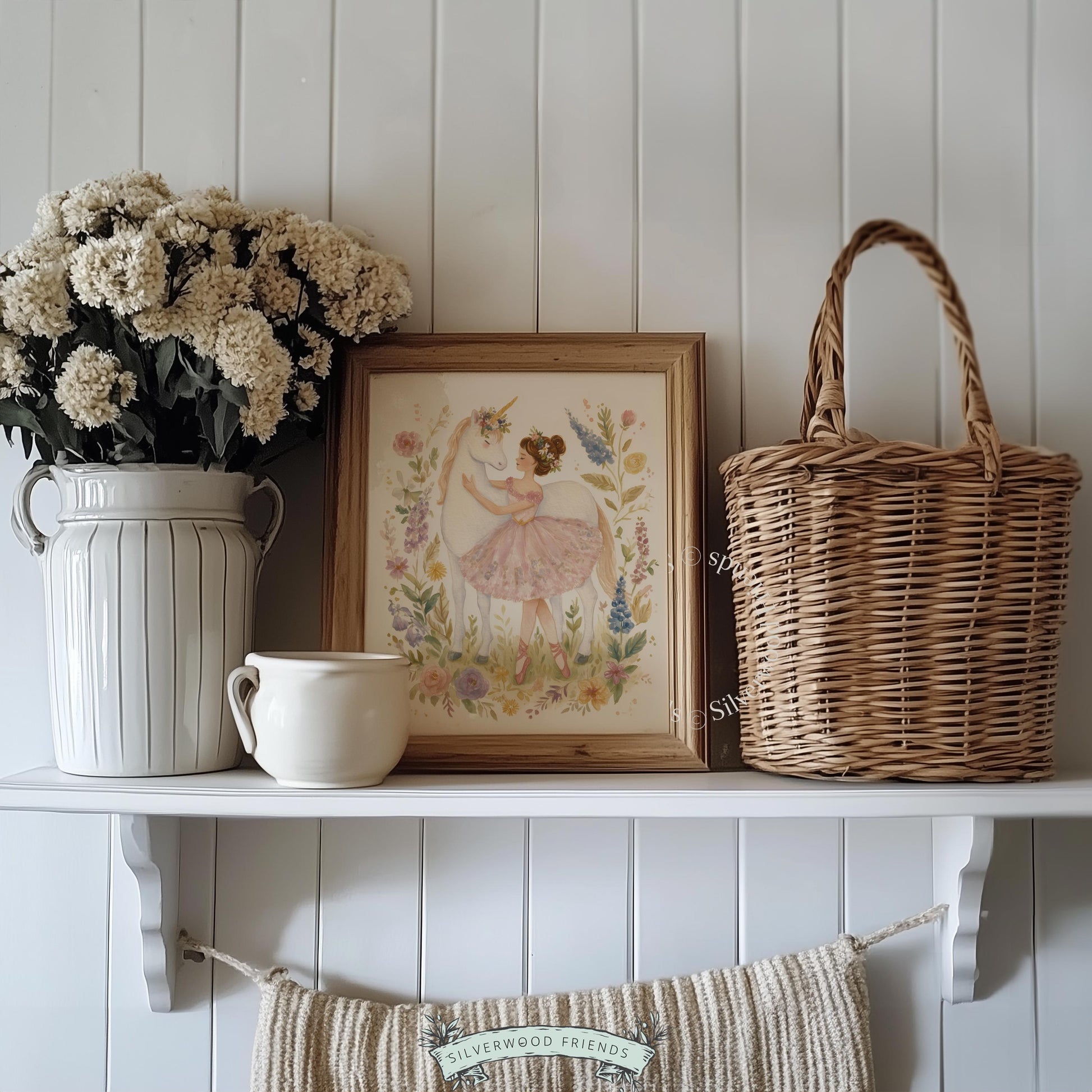 Magical unicorn and young dancer watercolor print for girls' bedroom — romantic pastel artwork framed by lovely wildflowers.