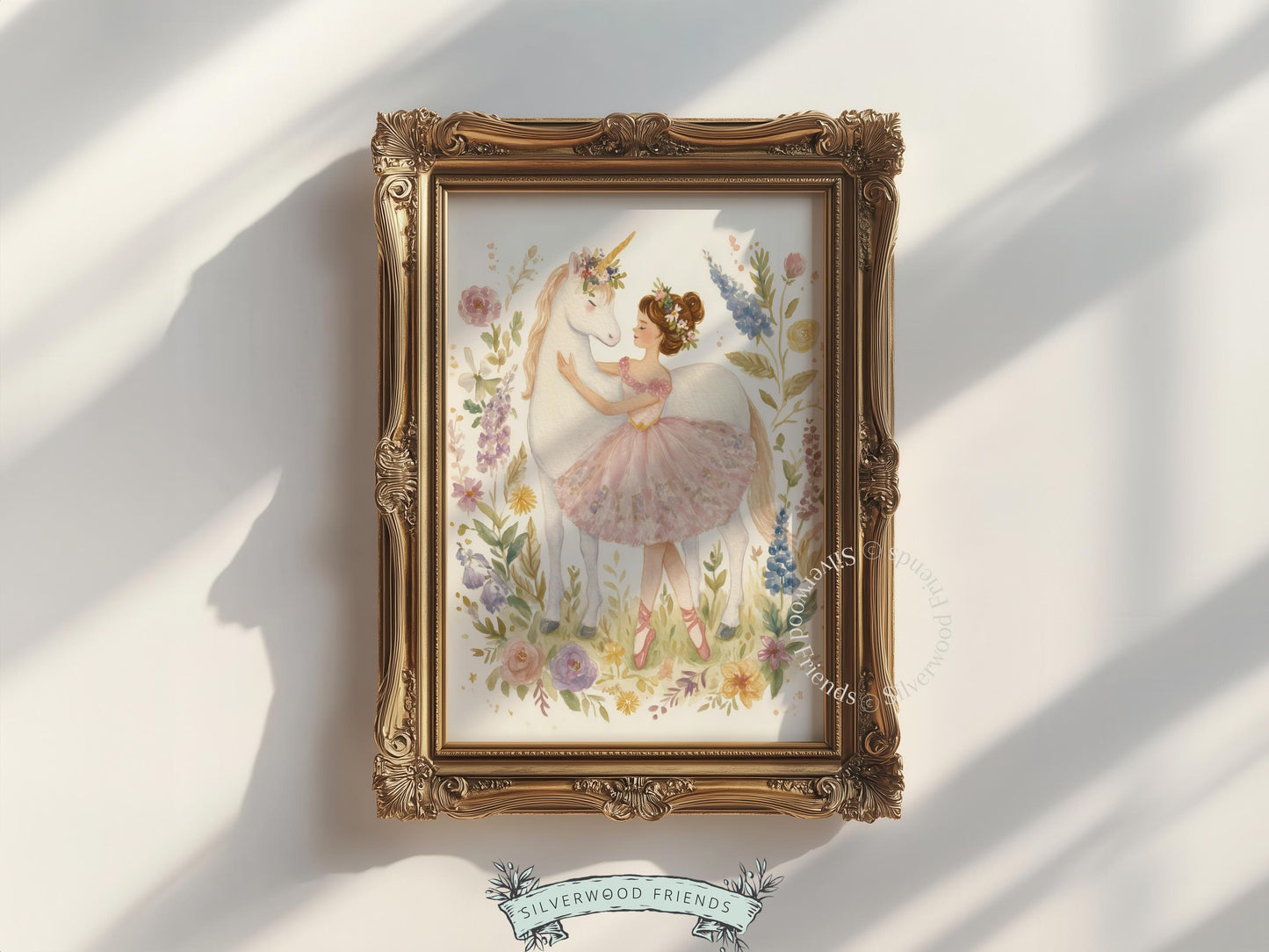Adorable unicorn nuzzling a ballerina digital download for kids' space — soft, dreamy colors and charming fairy-tale style.