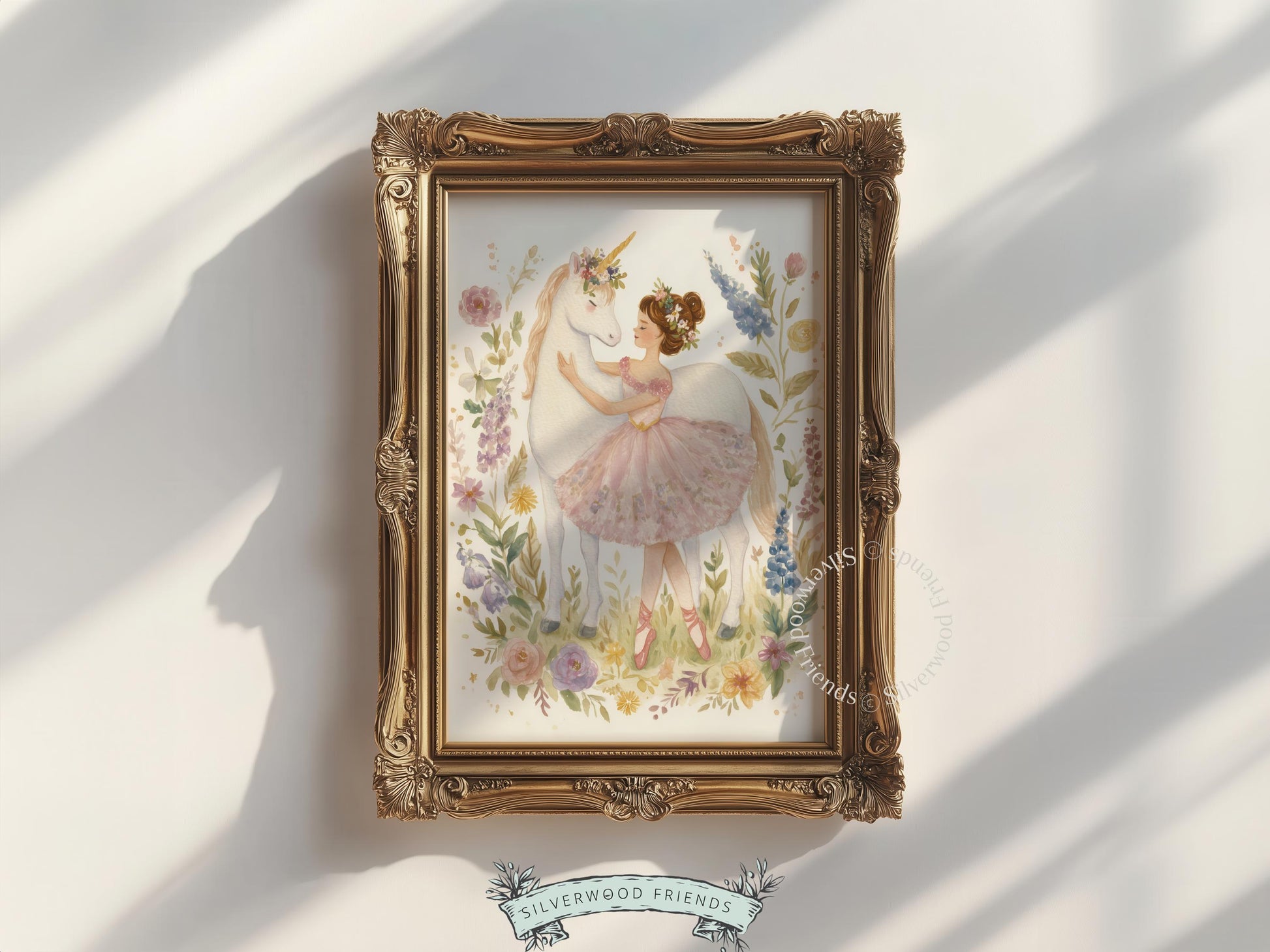 Adorable unicorn nuzzling a ballerina digital download for kids' space — soft, dreamy colors and charming fairy-tale style.