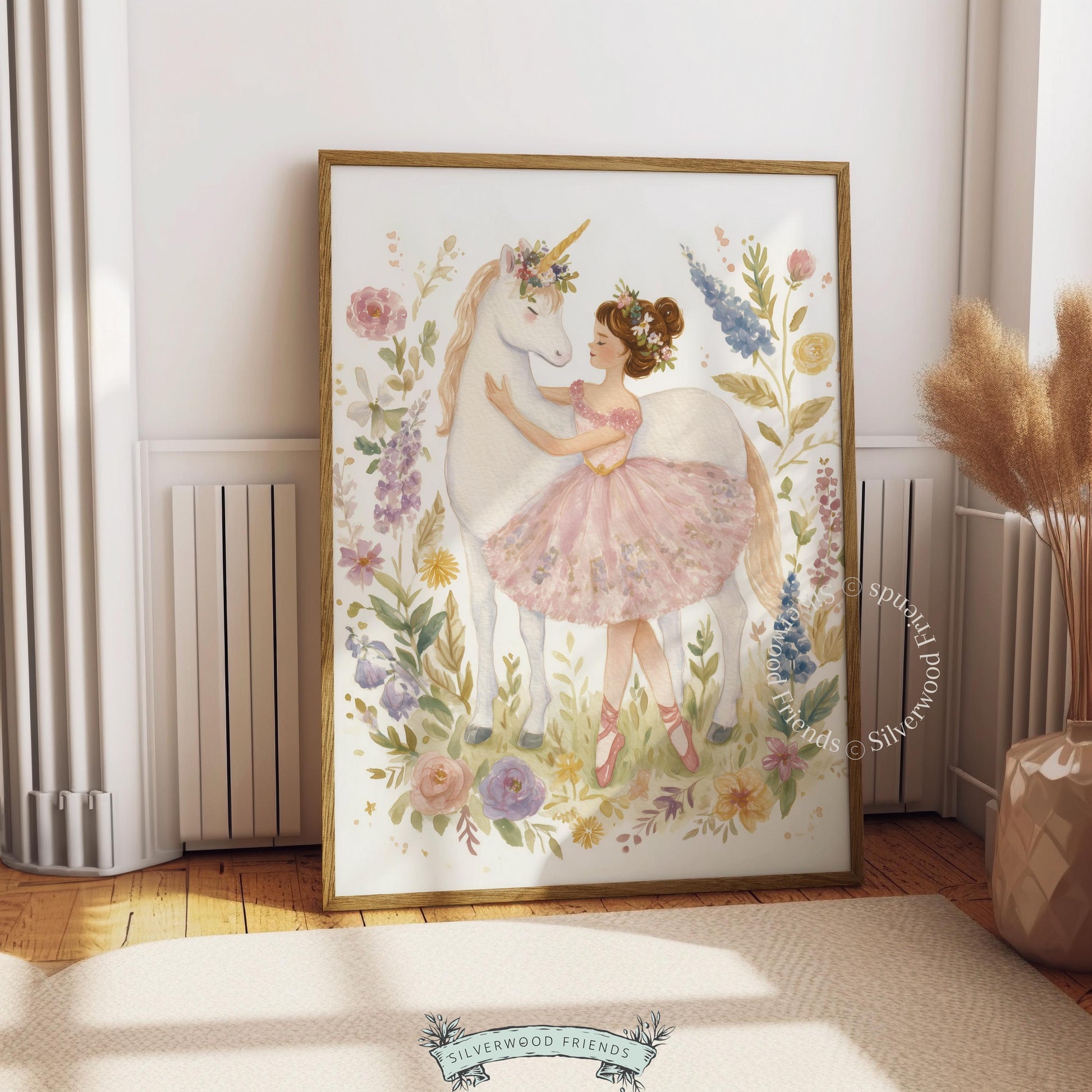 Lovely ballerina and white unicorn wall art for kids' bedroom — soft pastel illustration capturing a dreamy fairy-tale atmosphere.
