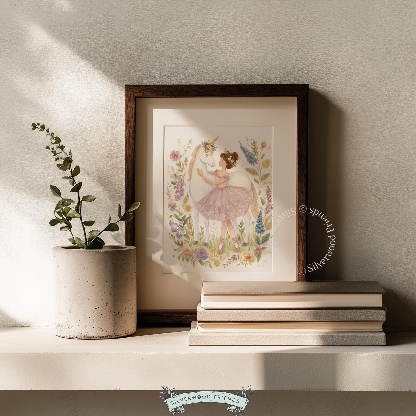 Enchanting watercolor print of a unicorn and ballerina for nursery — whimsical art with beautiful floral garland in soft tones.