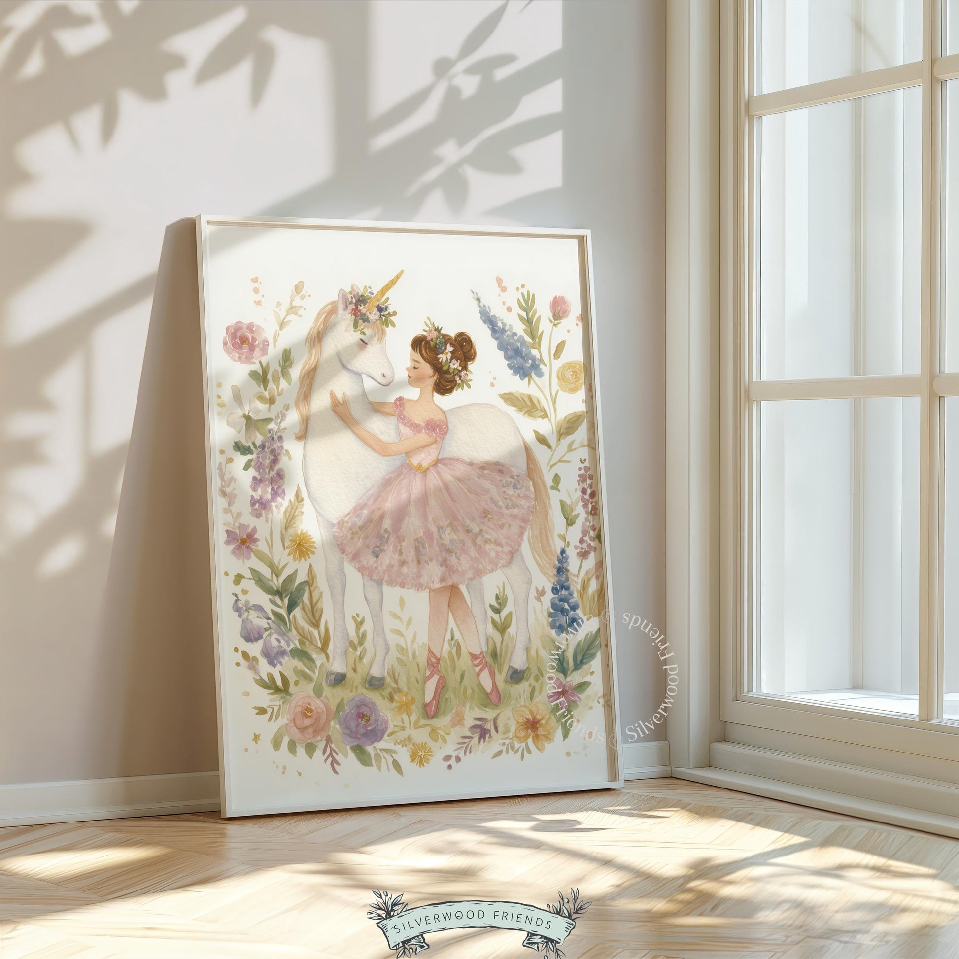 Fairytale-inspired illustration of unicorn and ballerina for children's room — soft and dreamy artwork featuring pastel wildflowers.